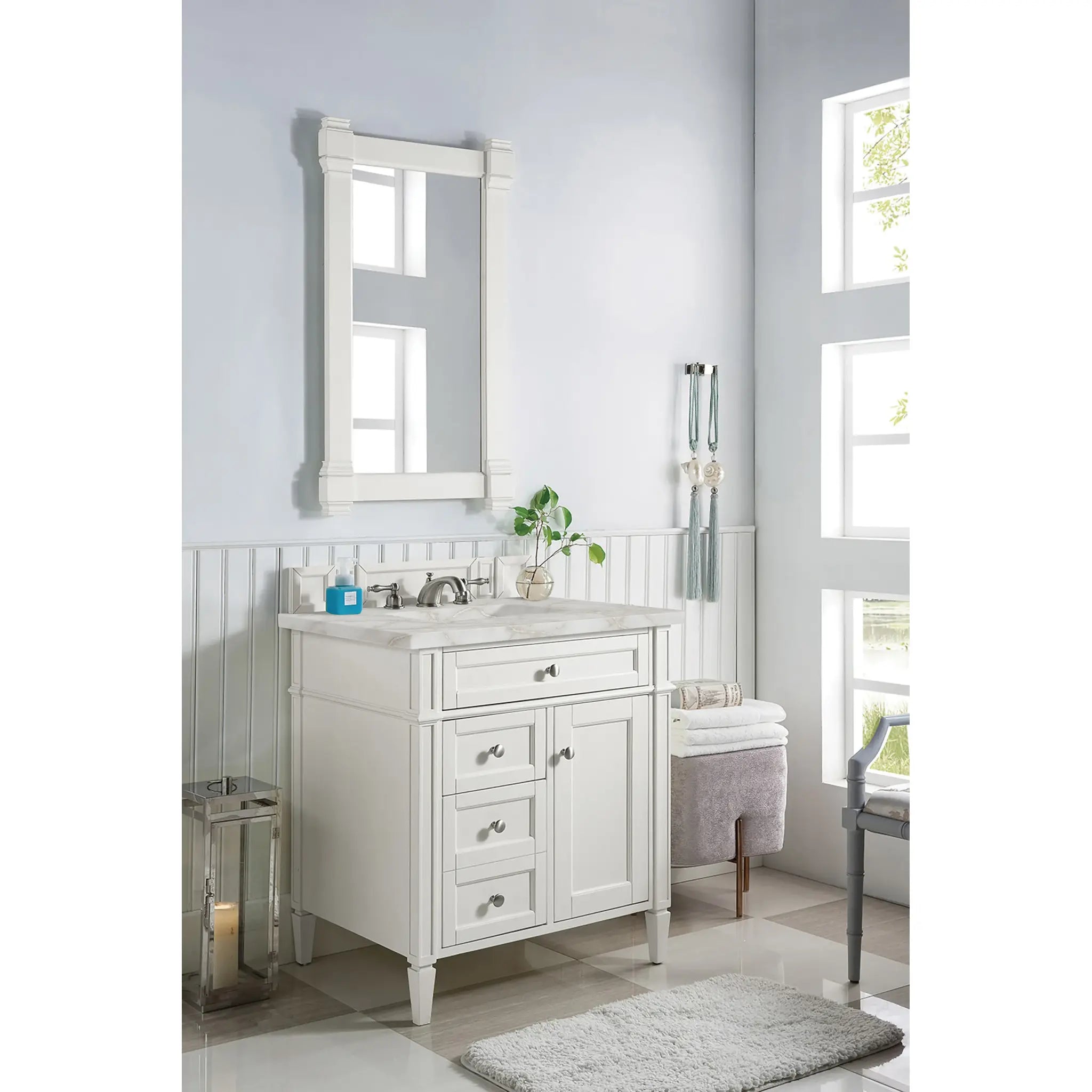 30" Brittany Single Vanity in Bright White-Victorian Silver Silestone-8" Widespread image 2