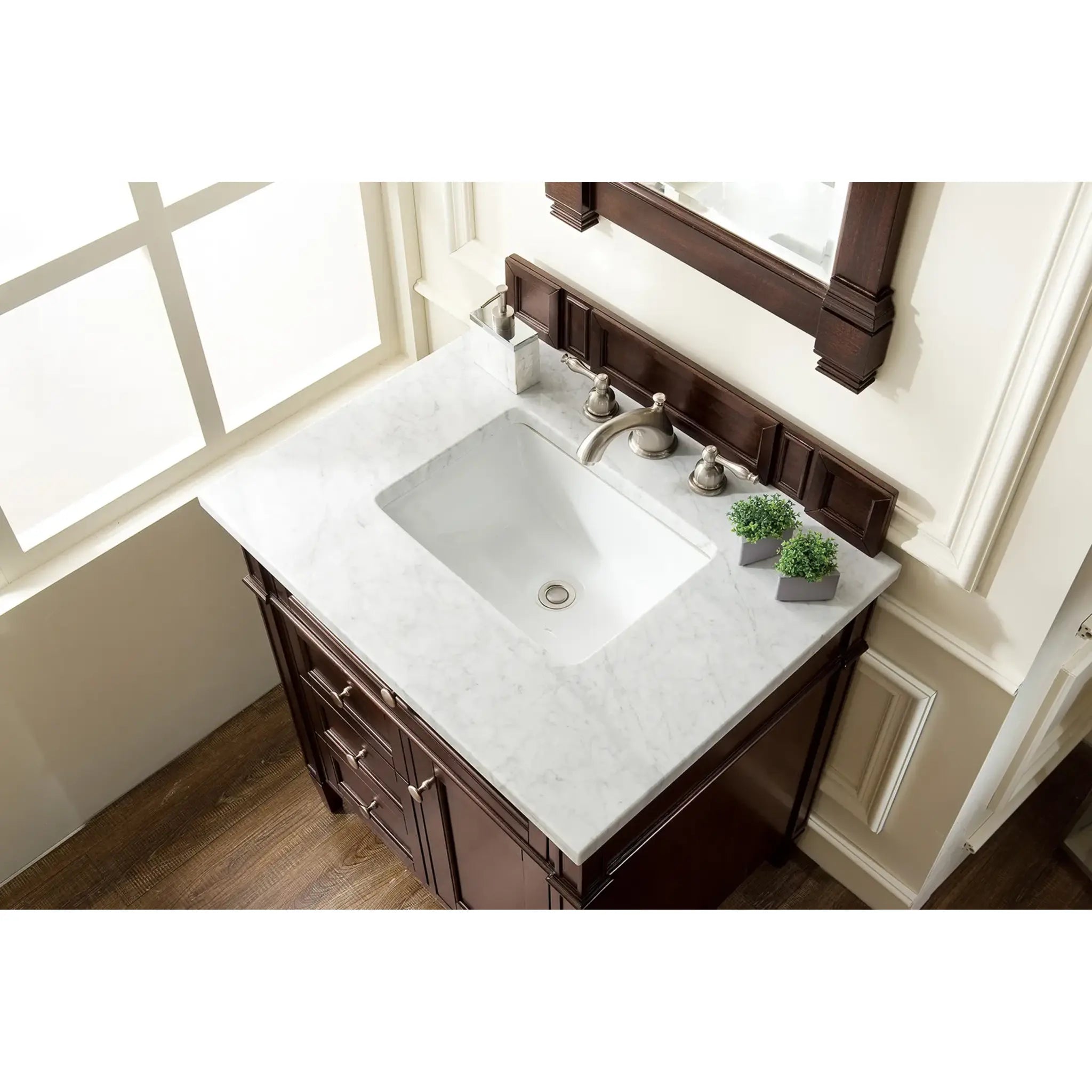30" Brittany Single Vanity in Burnished Mahogany-Carrara White Marble-8" Widespread image 4