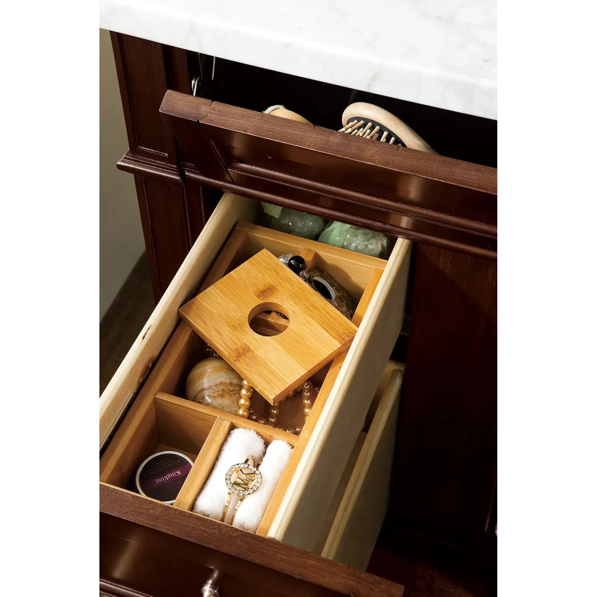 30" Brittany Single Vanity in Burnished Mahogany-Carrara White Marble-8" Widespread image 5