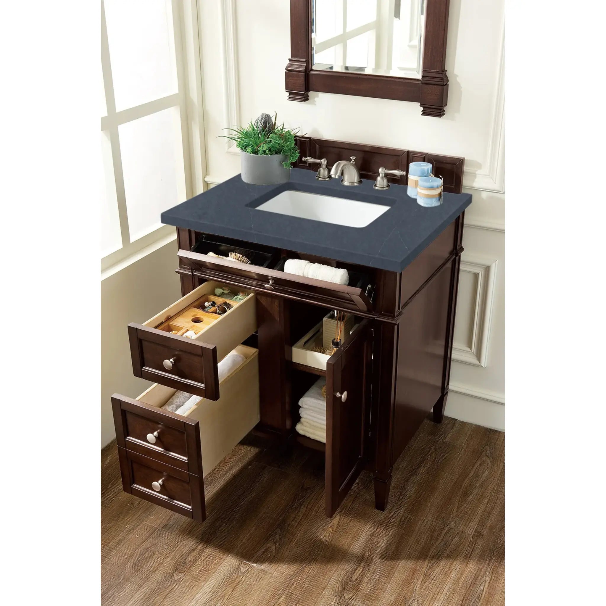 30" Brittany Single Vanity in Burnished Mahogany-Charcoal Soapstone Silestone-8" Widespread image 3