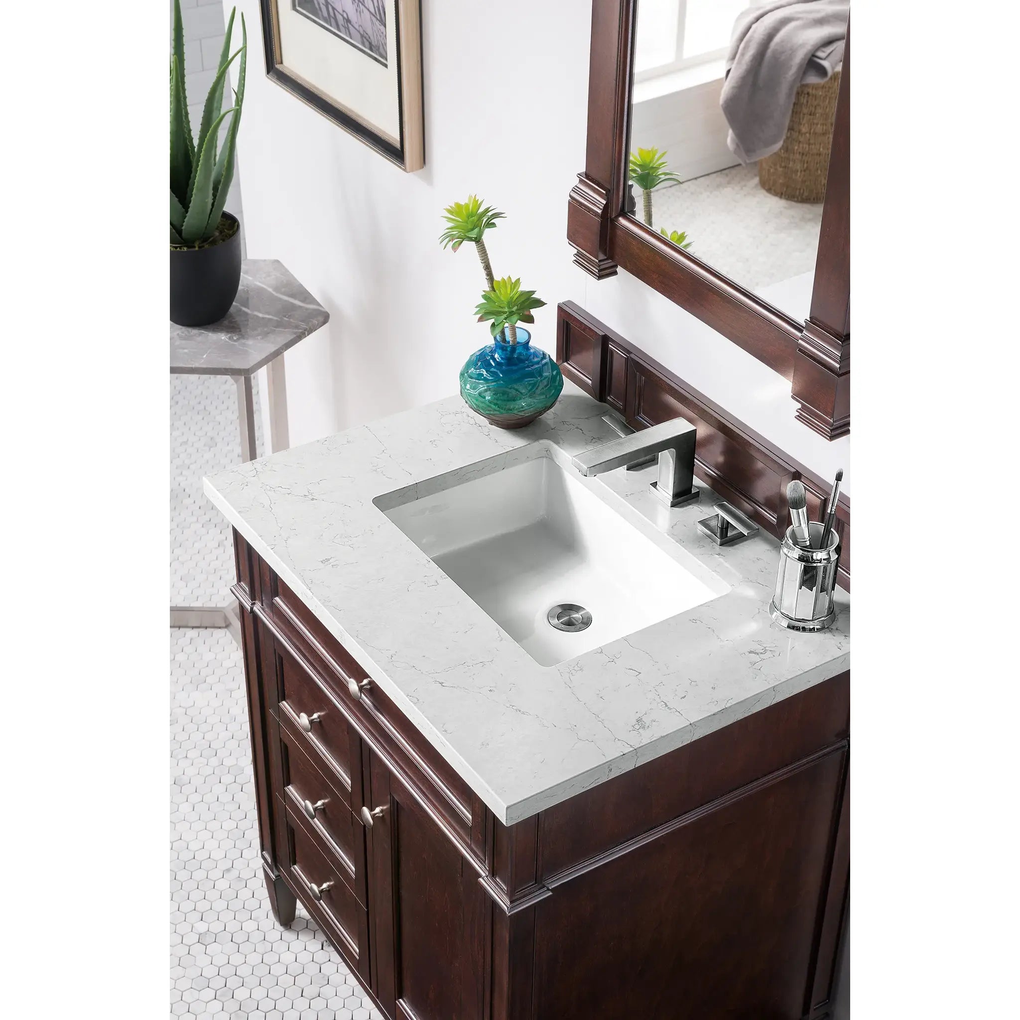 30" Brittany Single Vanity in Burnished Mahogany-Eternal Jasmine Pearl Silestone-8" Widespread image 2