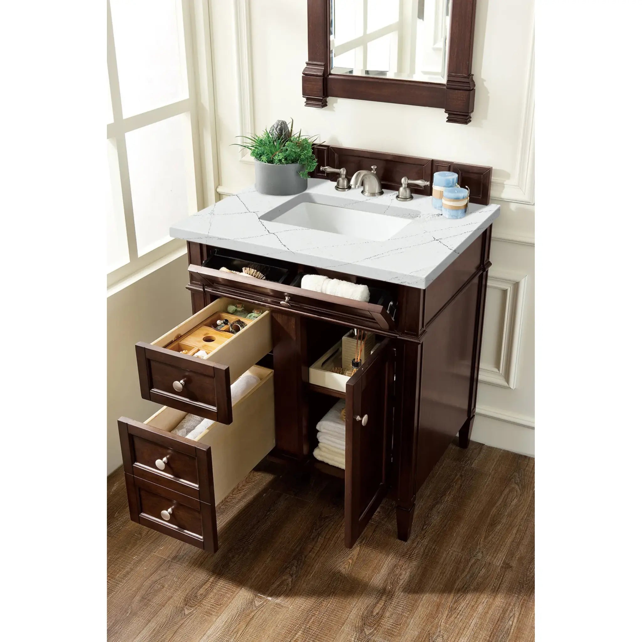 30" Brittany Single Vanity in Burnished Mahogany-Ethereal Noctis Silestone-8" Widespread image 3