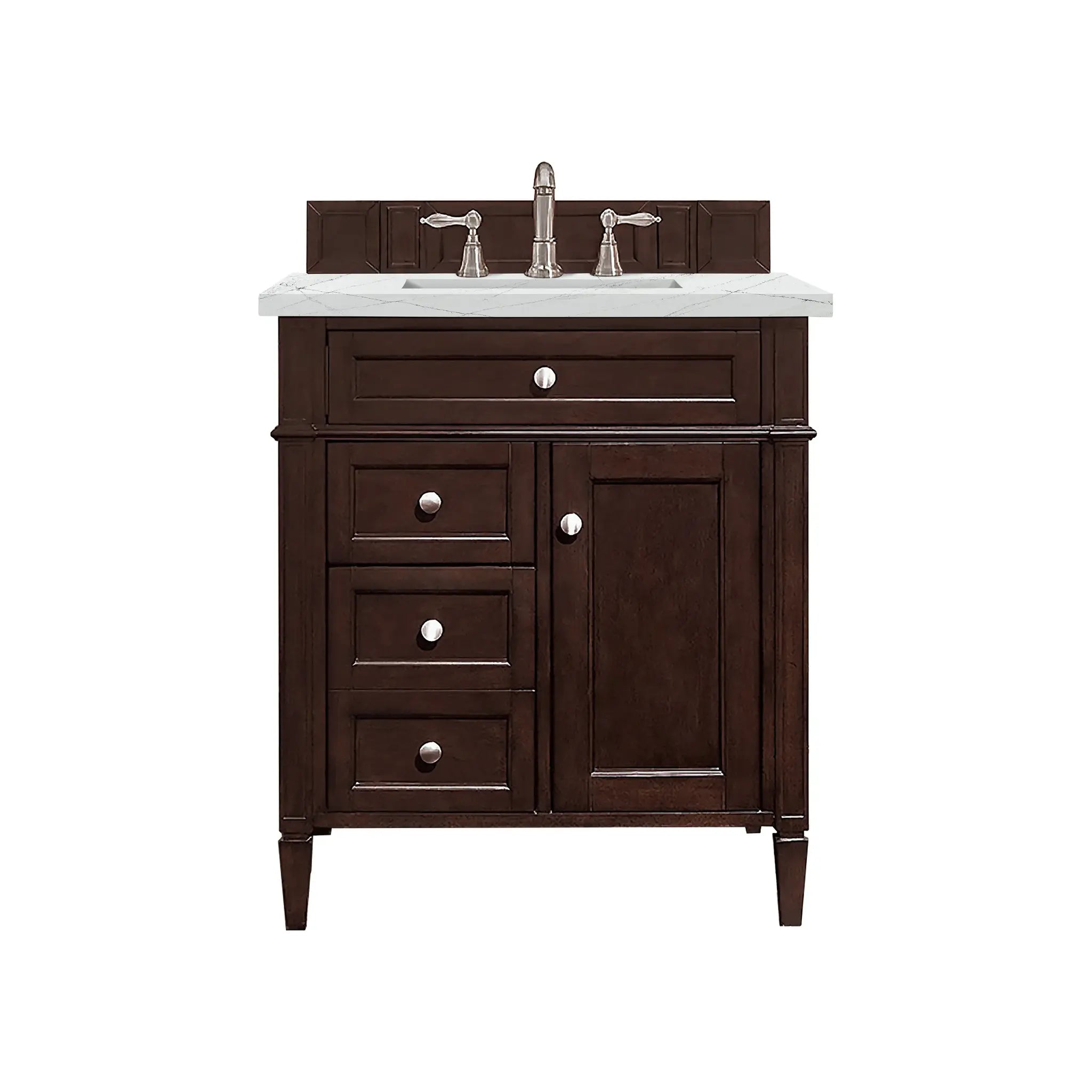 30" Brittany Single Vanity in Burnished Mahogany-Ethereal Noctis Silestone-8" Widespread image