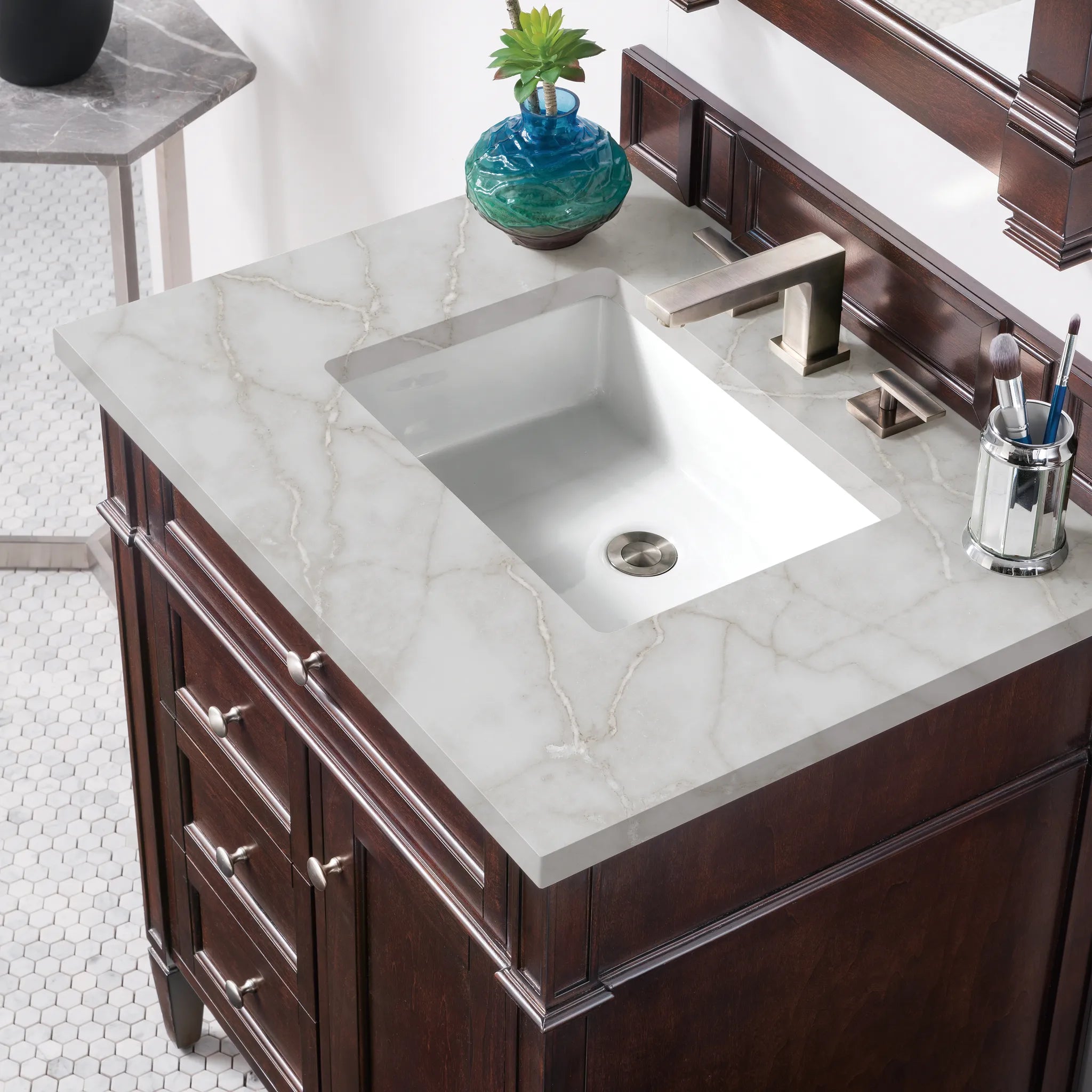 30" Brittany Single Vanity in Burnished Mahogany-Victorian Silver Silestone-8" Widespread image 4