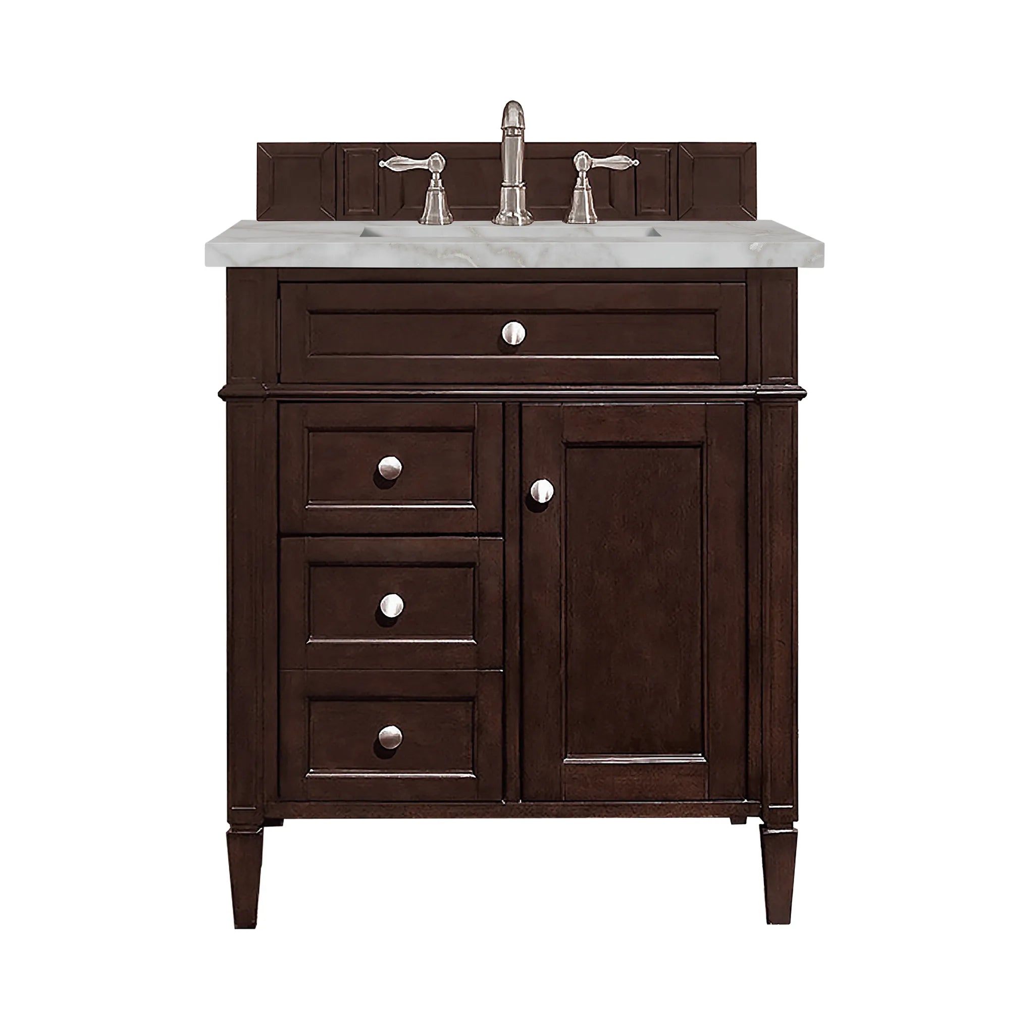 30" Brittany Single Vanity in Burnished Mahogany-Victorian Silver Silestone-8" Widespread image