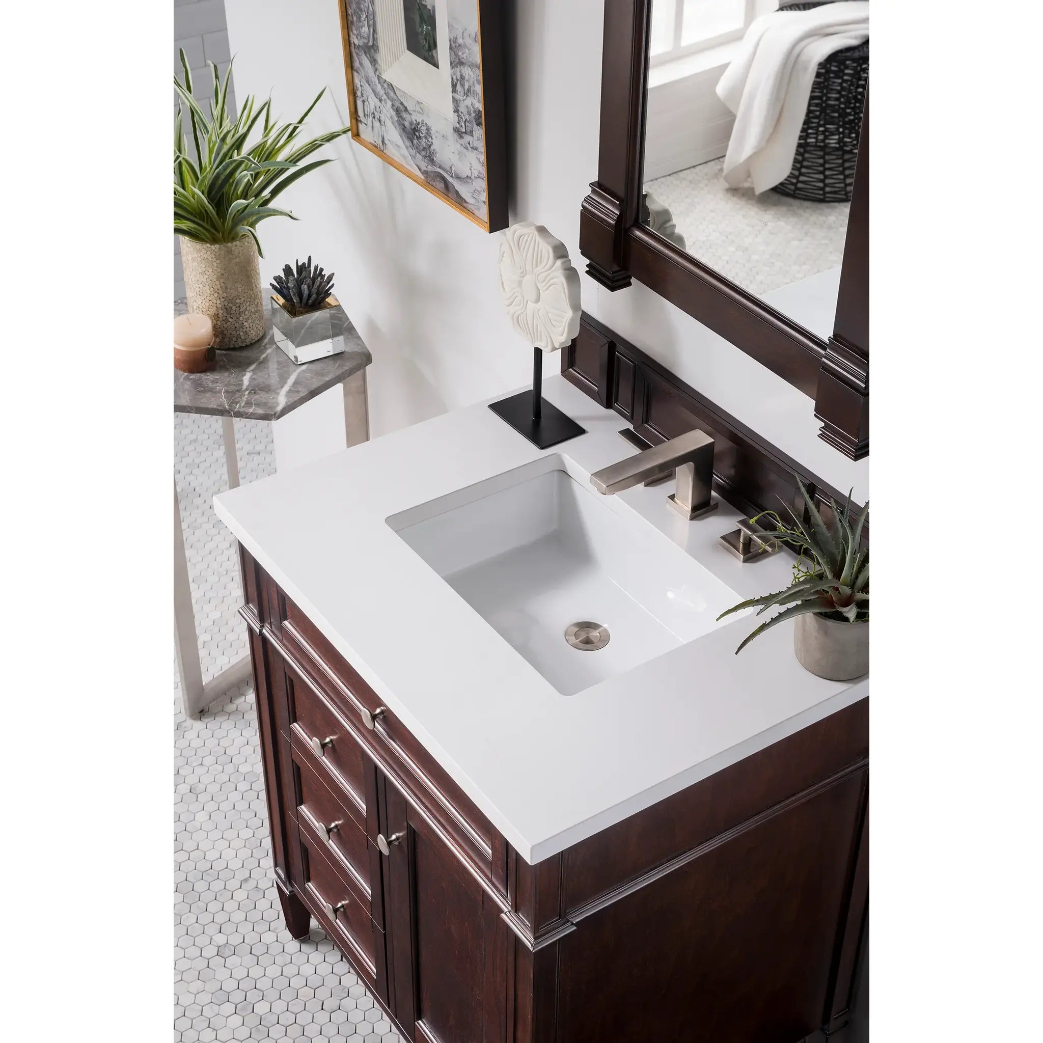30" Brittany Single Vanity in Burnished Mahogany-White Zeus Silestone-8" Widespread image 2