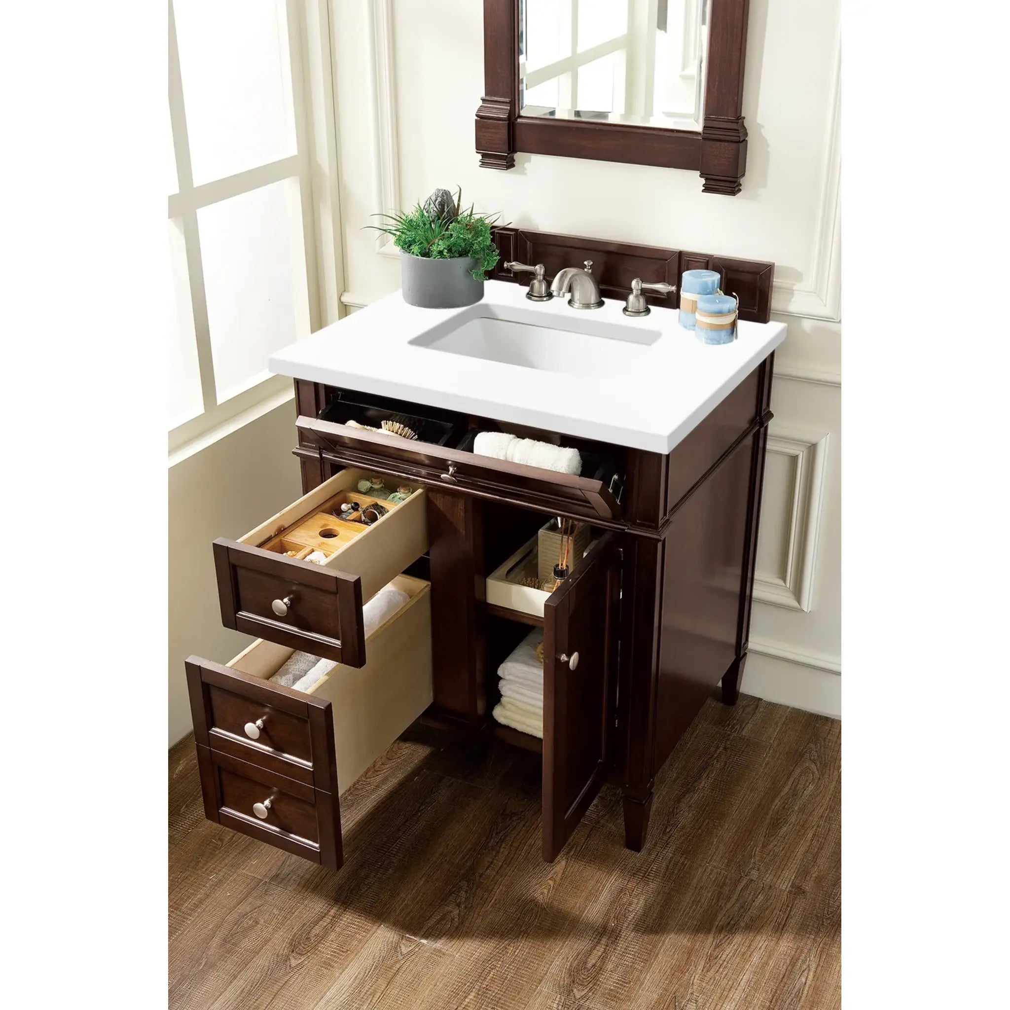 30" Brittany Single Vanity in Burnished Mahogany-White Zeus Silestone-8" Widespread image 3