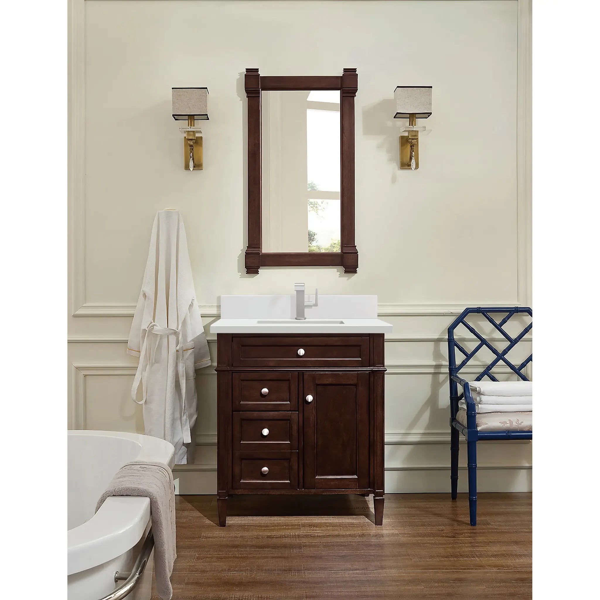 30" Brittany Single Vanity in Burnished Mahogany-White Zeus Silestone & Backsplash-Single Hole image 1
