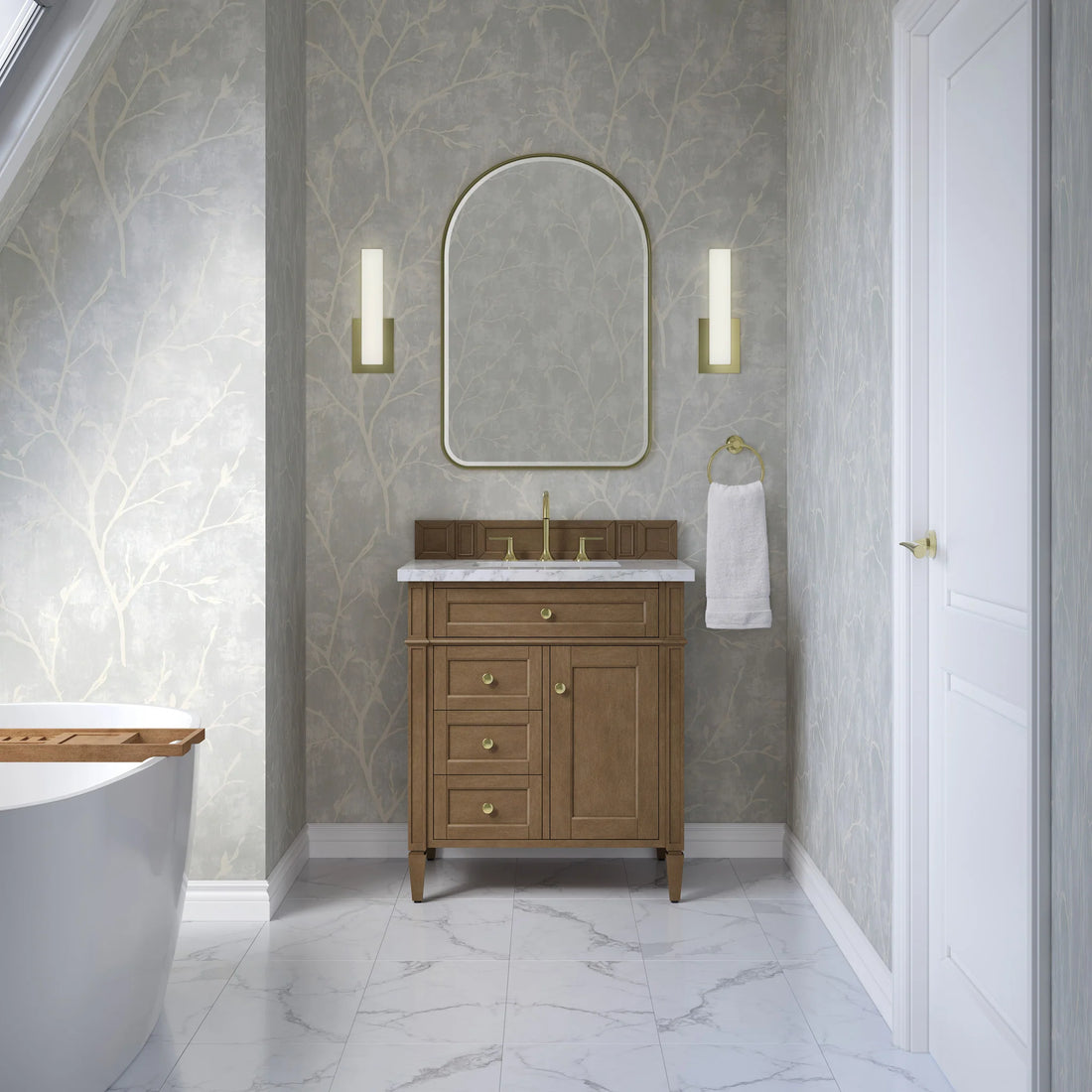 30" Brittany Single Vanity in Pecan by James Martin Vanities-Carrara White Marble 1