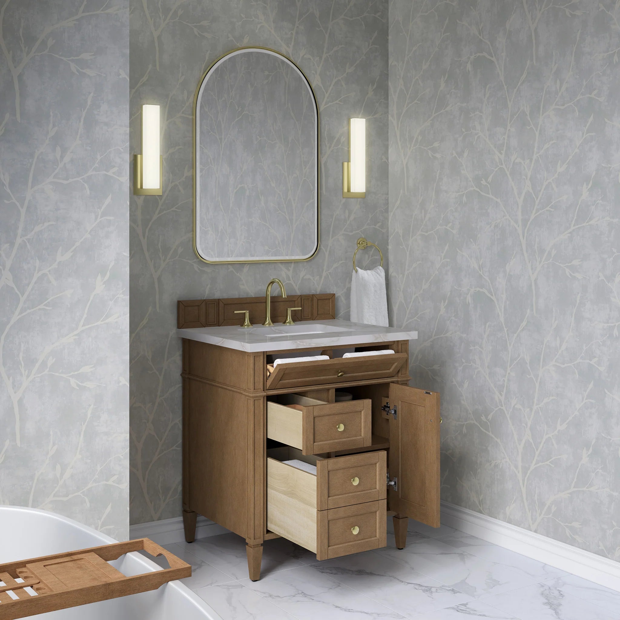 30" Brittany Single Vanity in Pecan by James Martin Vanities-Victorian Silver Silestone 3
