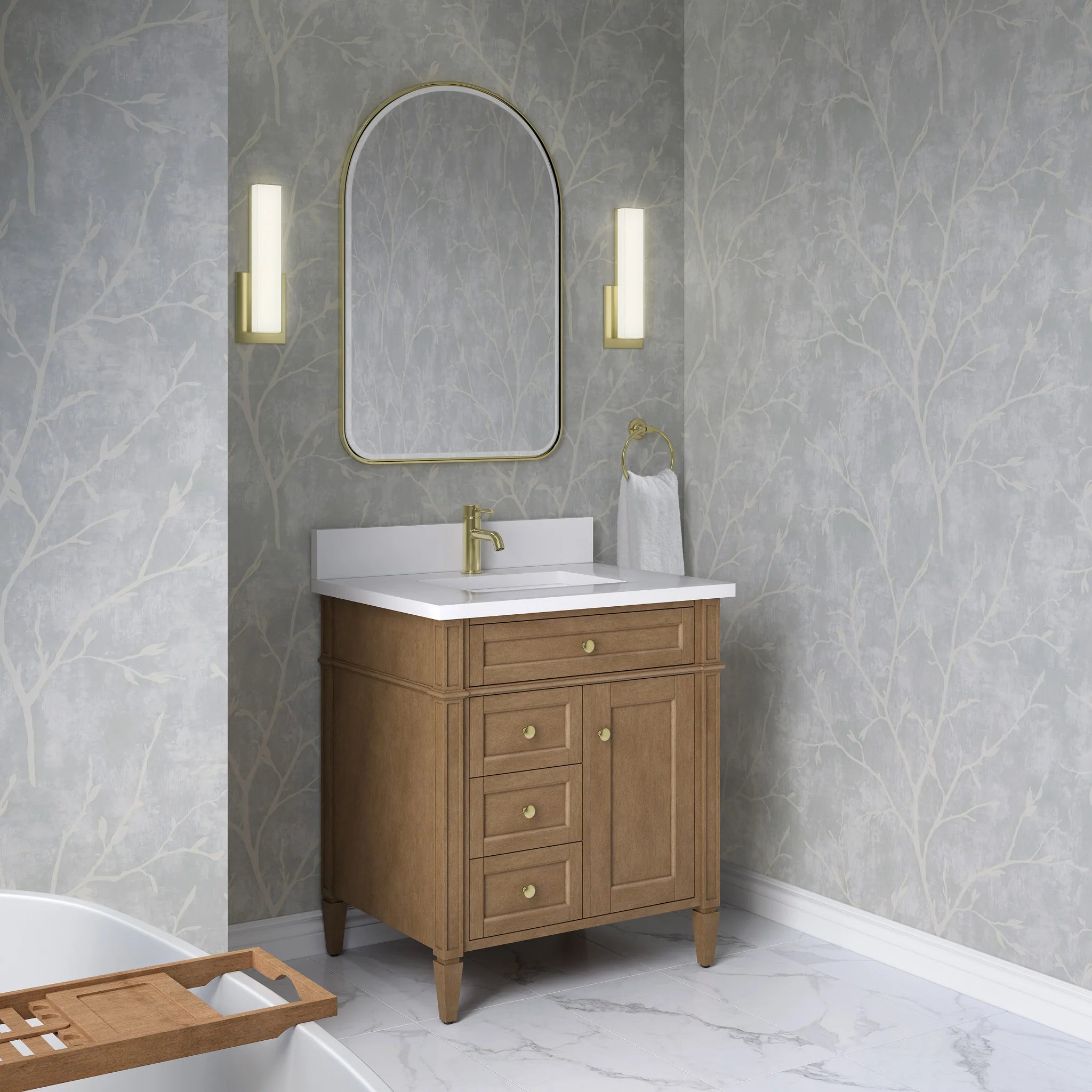 30" Brittany Single Vanity in Pecan by James Martin Vanities-White Zeus Silestone & Backsplash 2