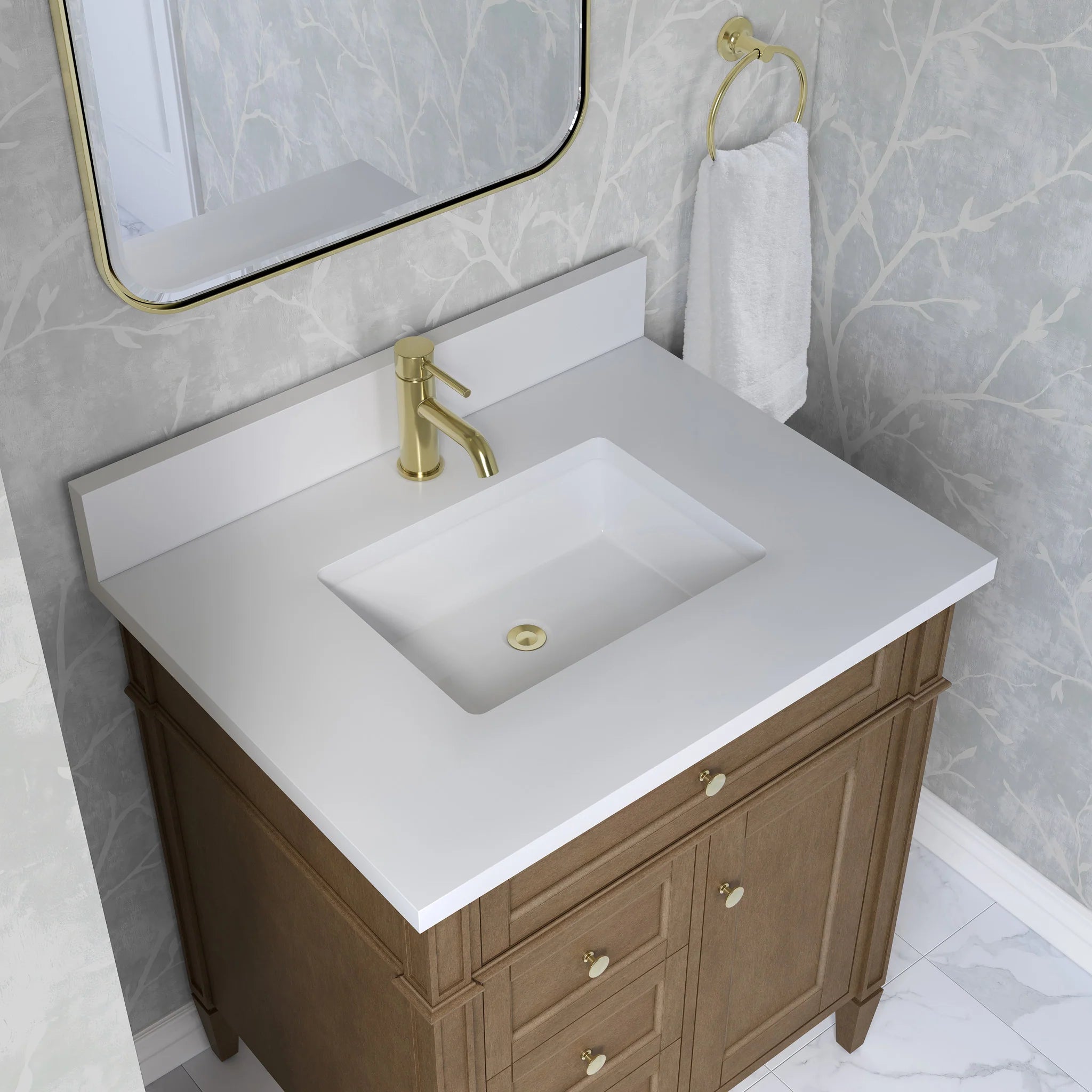 30" Brittany Single Vanity in Pecan by James Martin Vanities-White Zeus Silestone & Backsplash 5
