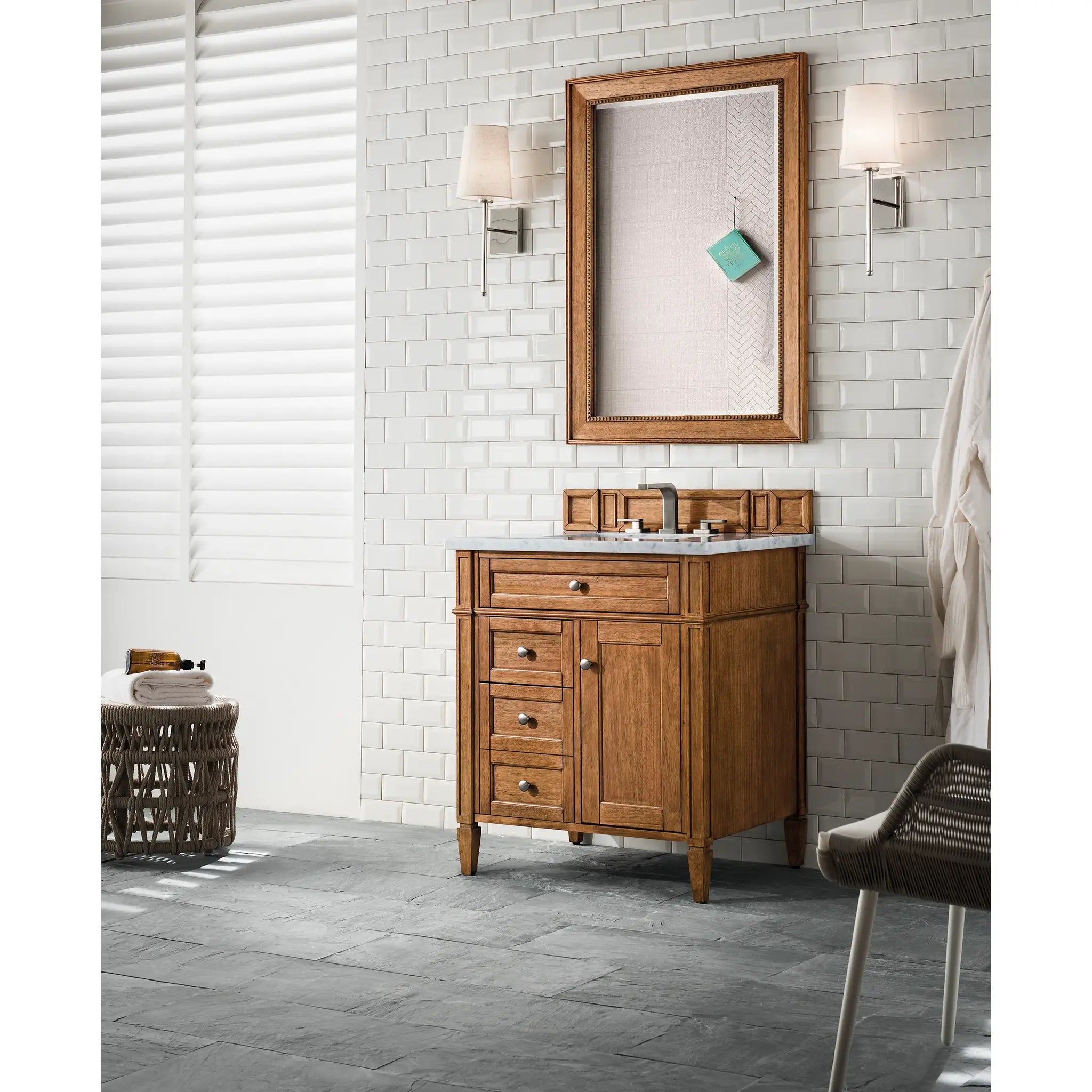 30" Brittany Single Vanity in Saddle Brown-Eternal Jasmine Pearl Silestone-8" Widespread image 2