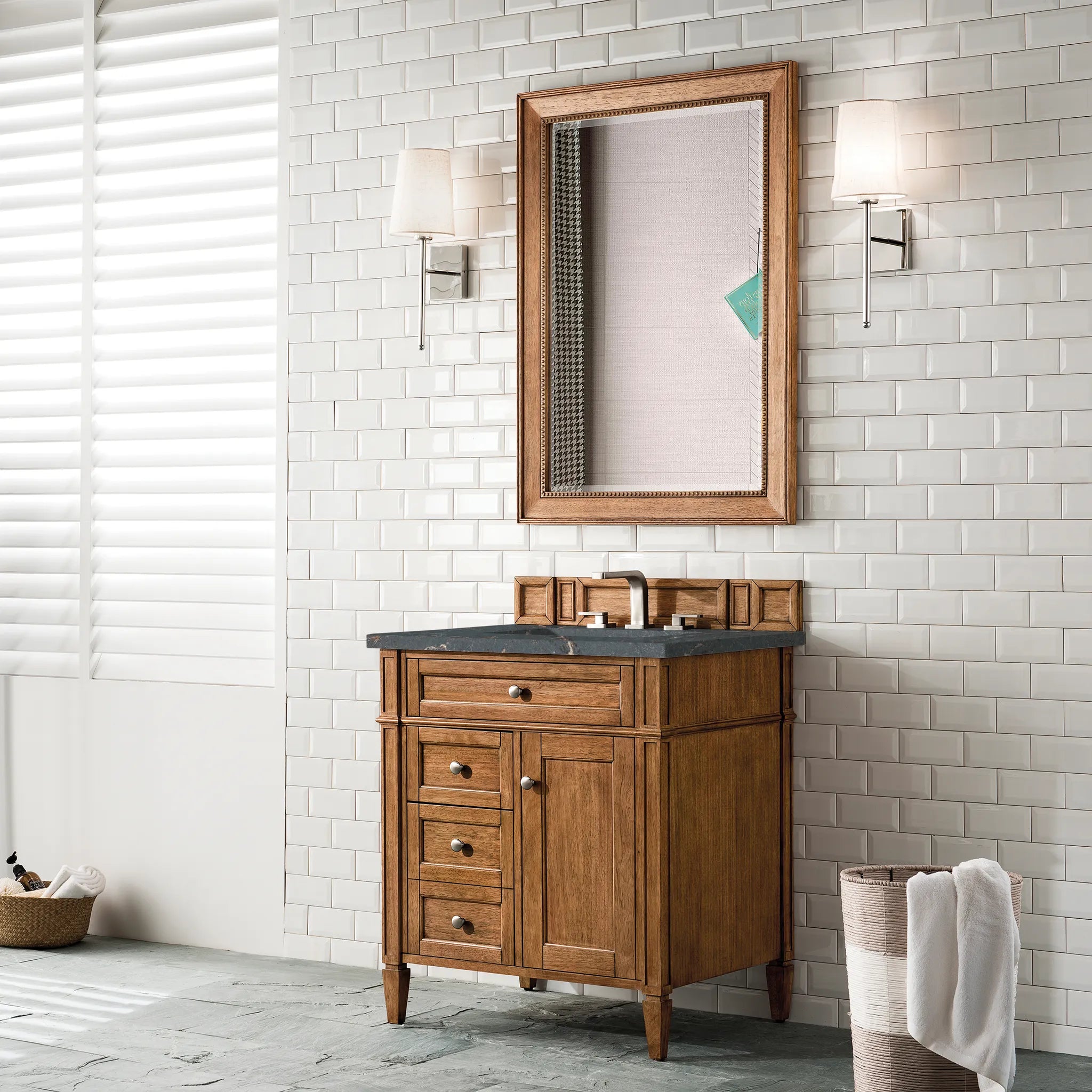 30" Brittany Single Vanity in Saddle Brown-Parisien Bleu Silestone-8" Widespread image 2