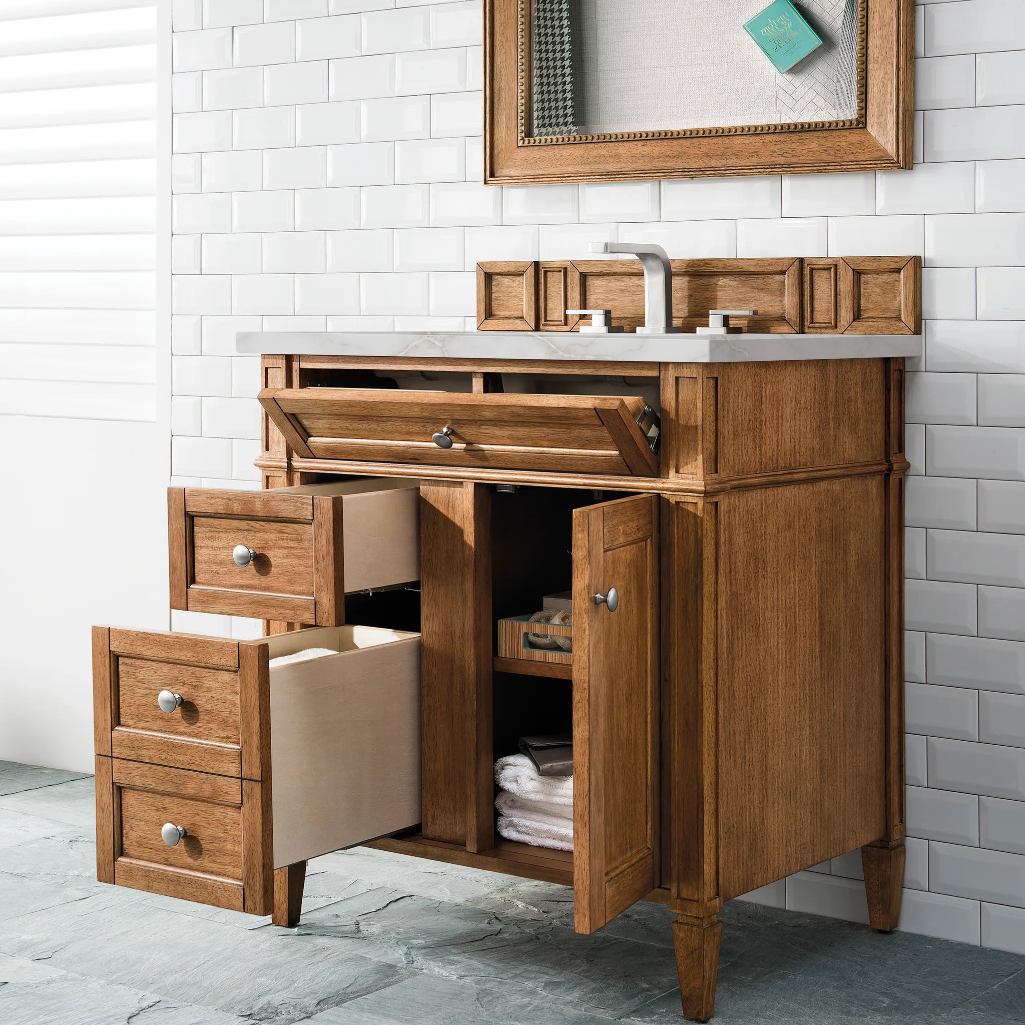 30" Brittany Single Vanity in Saddle Brown-Victorian Silver Silestone-8" Widespread image 3