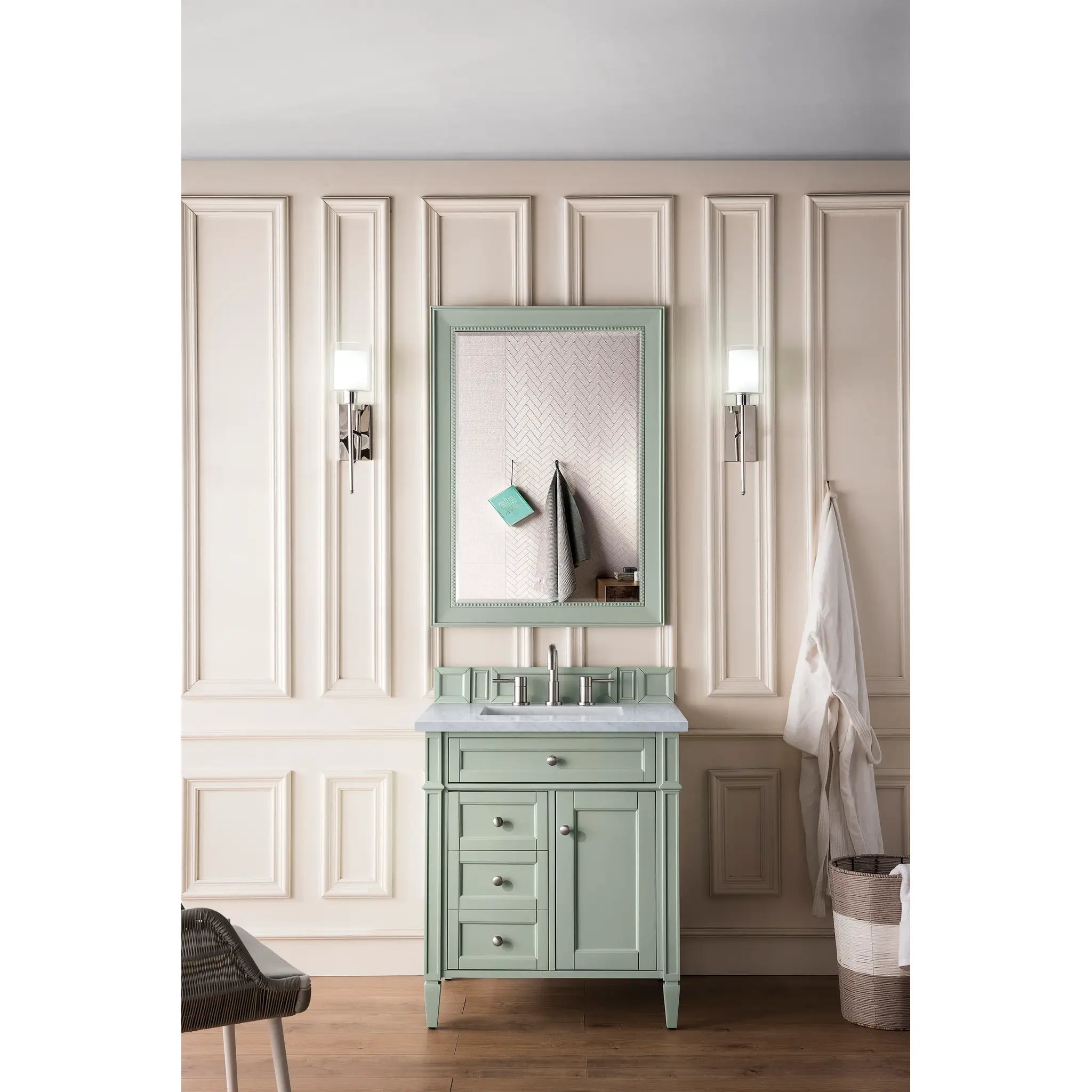 30" Brittany Single Vanity in Sage Green-Carrara White Marble-8" Widespread image 1