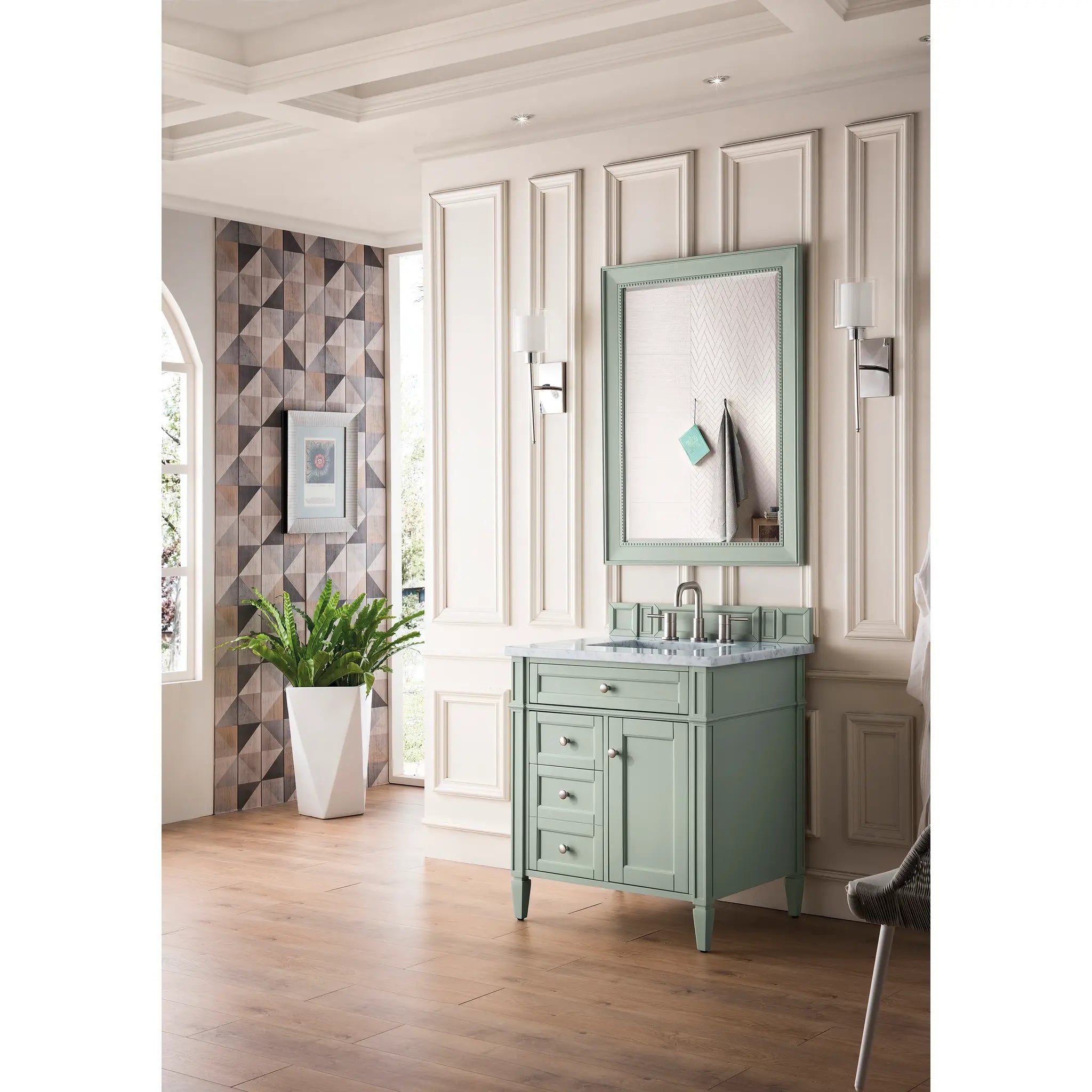 30" Brittany Single Vanity in Sage Green-Carrara White Marble-8" Widespread image 2
