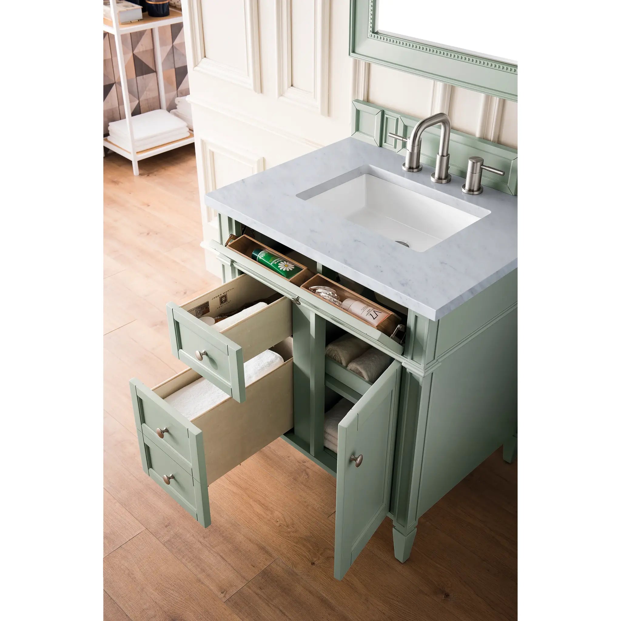 30" Brittany Single Vanity in Sage Green-Carrara White Marble-8" Widespread image 3