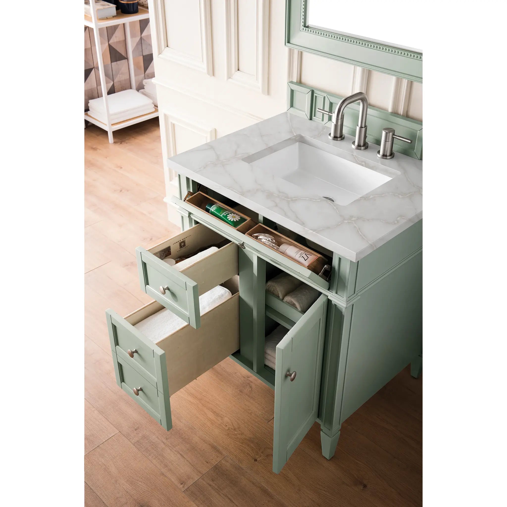 30" Brittany Single Vanity in Sage Green-Victorian Silver Silestone-8" Widespread image 3