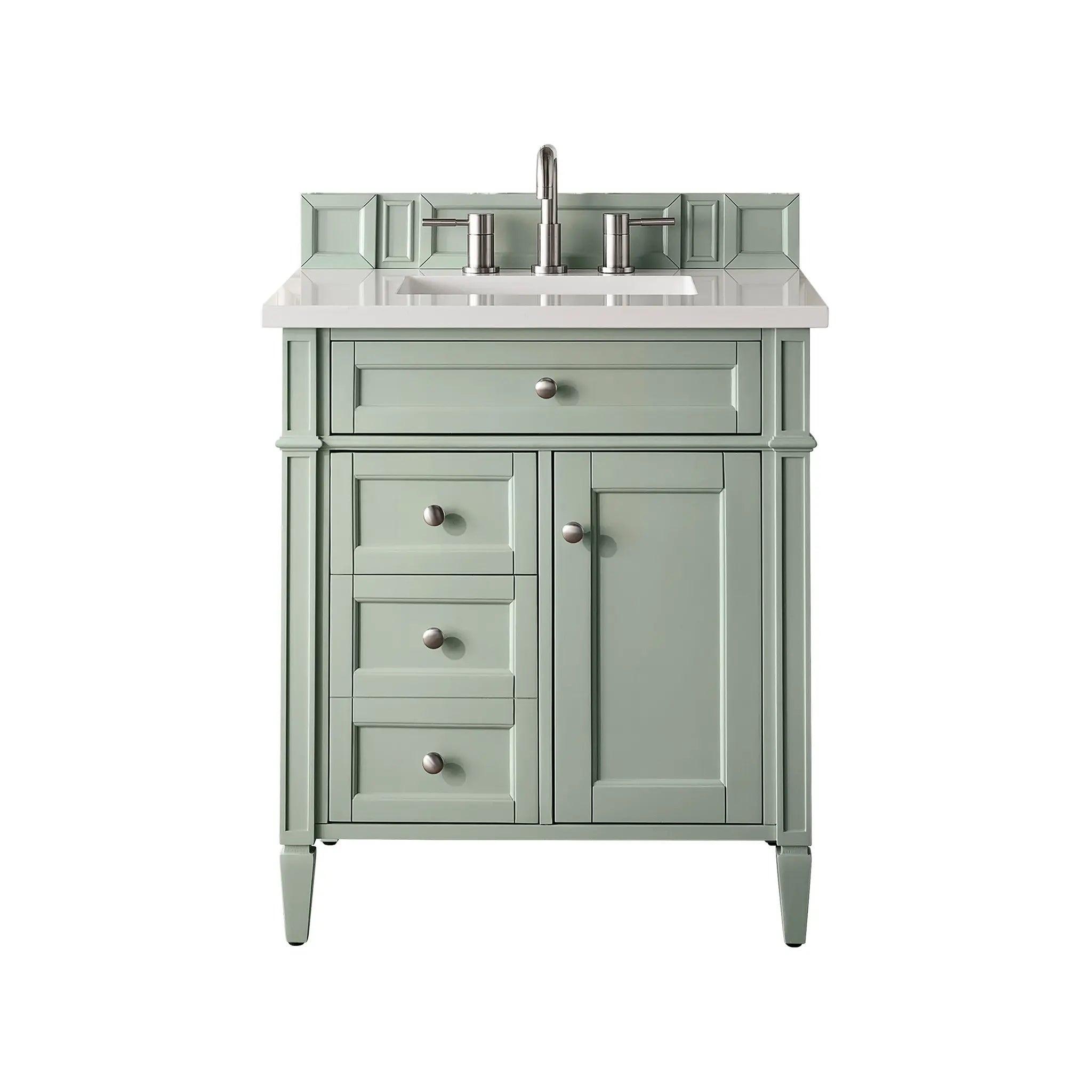 30" Brittany Single Vanity in Sage Green-White Zeus Silestone-8" Widespread image