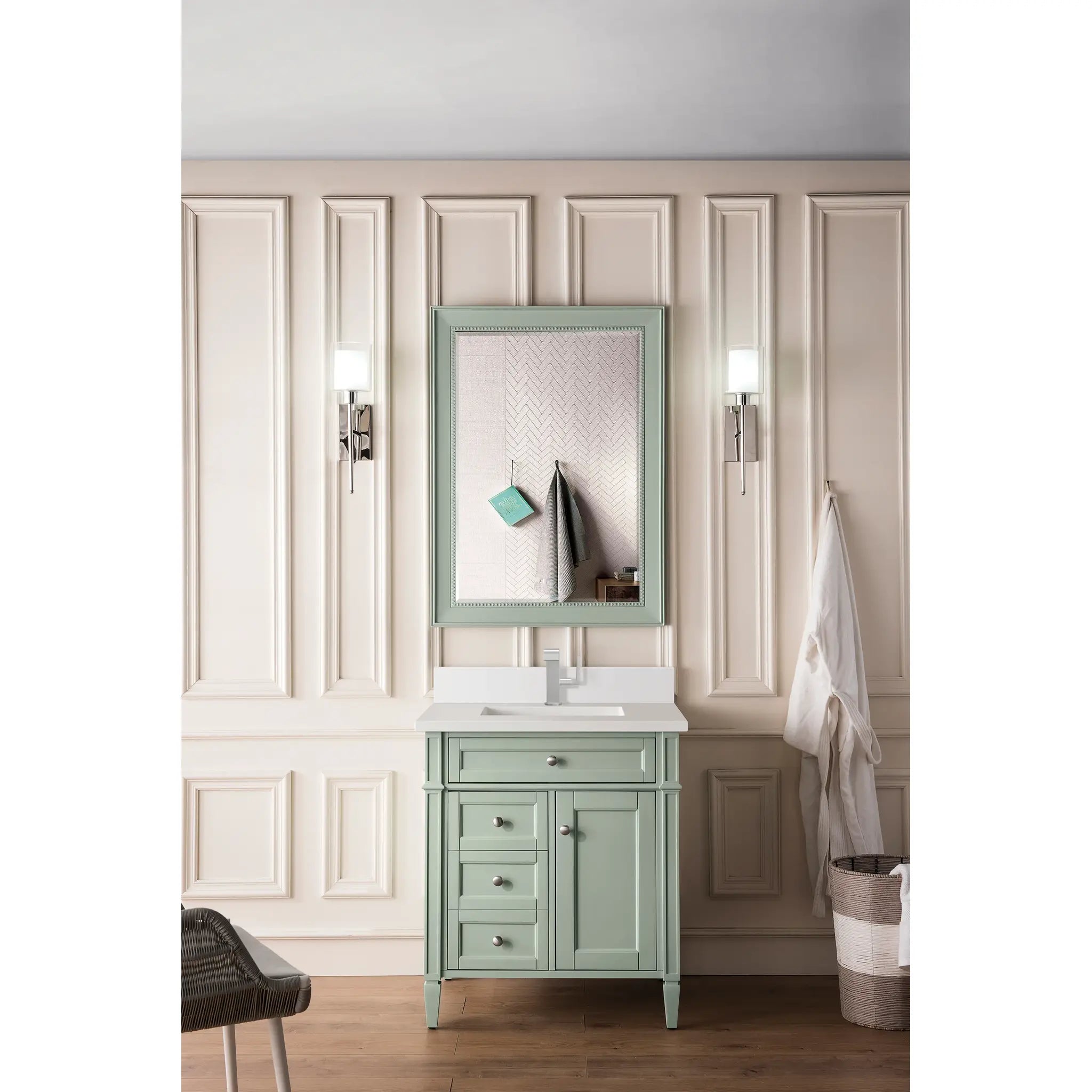30" Brittany Single Vanity in Sage Green-White Zeus Silestone & Backsplash-Single Hole image 1