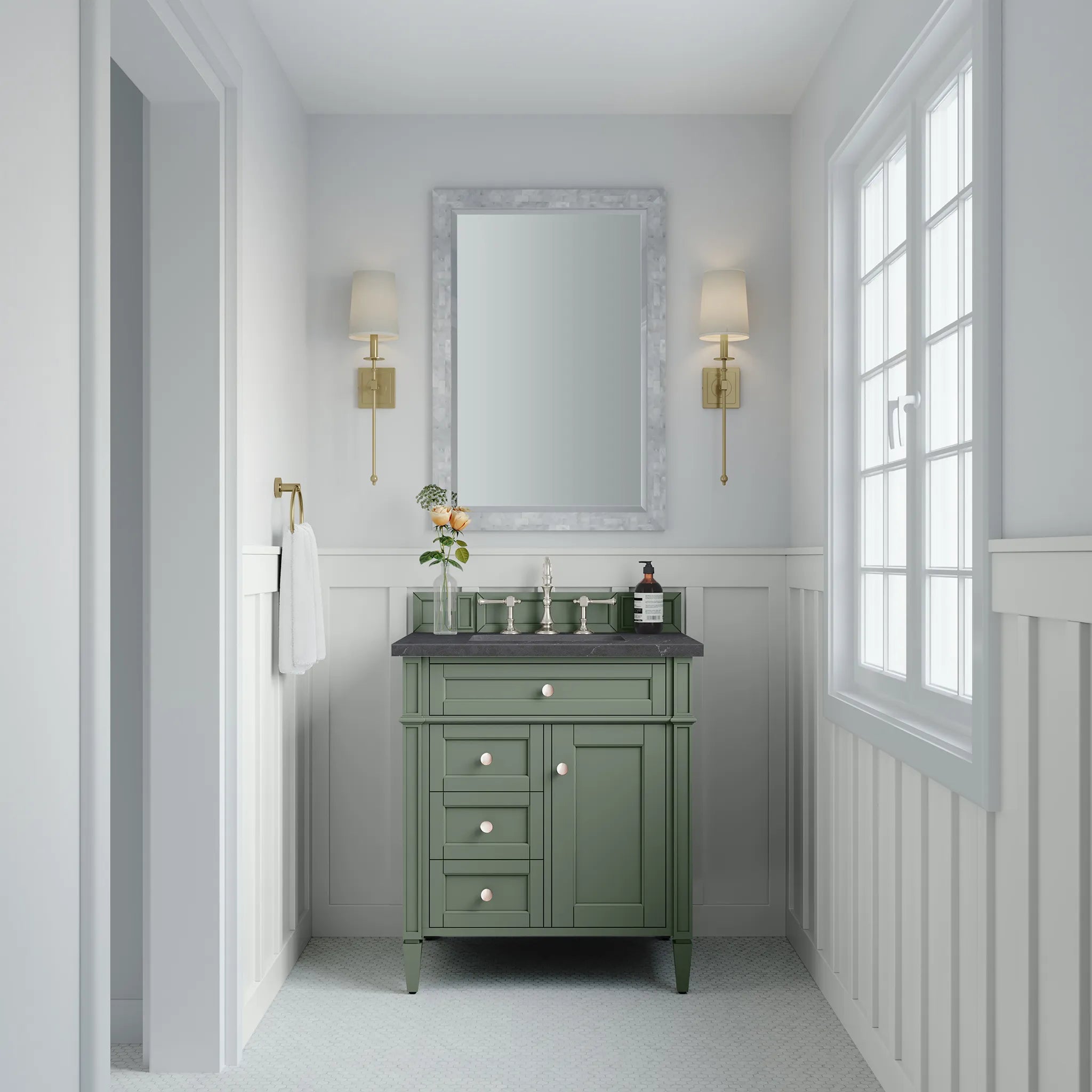 30" Brittany Single Vanity in Smokey Celadon-Charcoal Soapstone Silestone-8" Widespread image 2