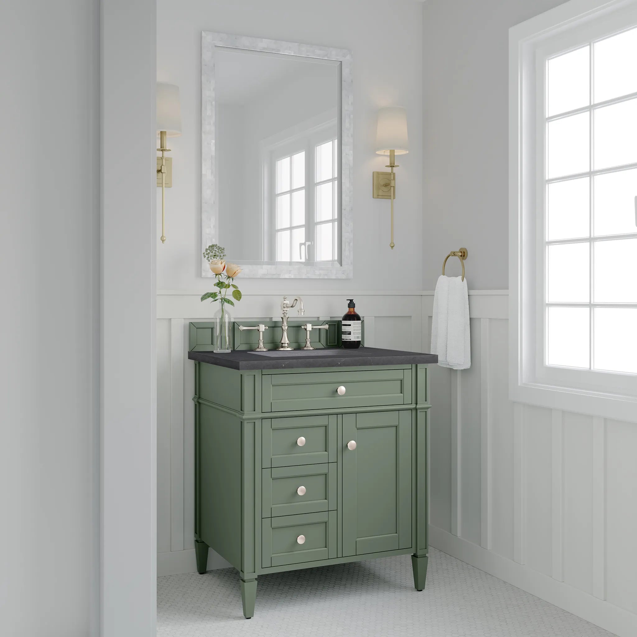 30" Brittany Single Vanity in Smokey Celadon-Charcoal Soapstone Silestone-8" Widespread image 3