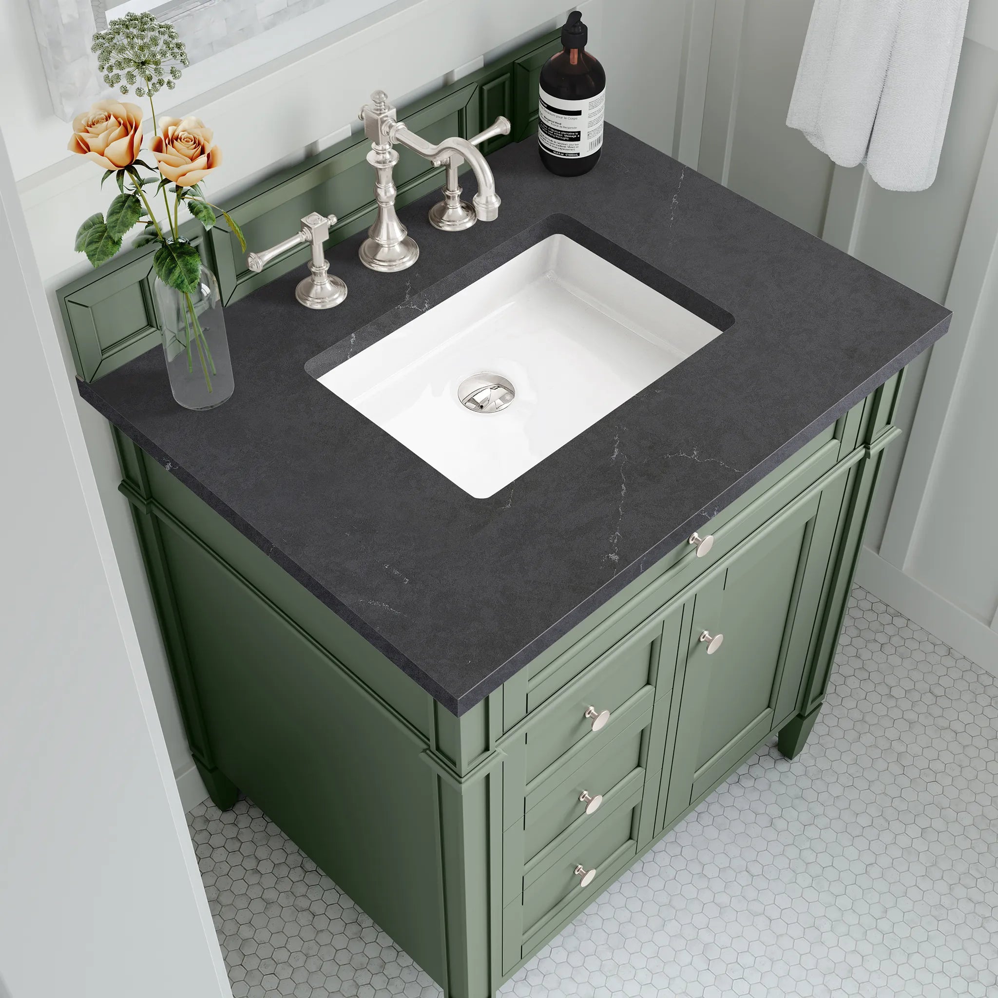 30" Brittany Single Vanity in Smokey Celadon-Charcoal Soapstone Silestone-8" Widespread image 4