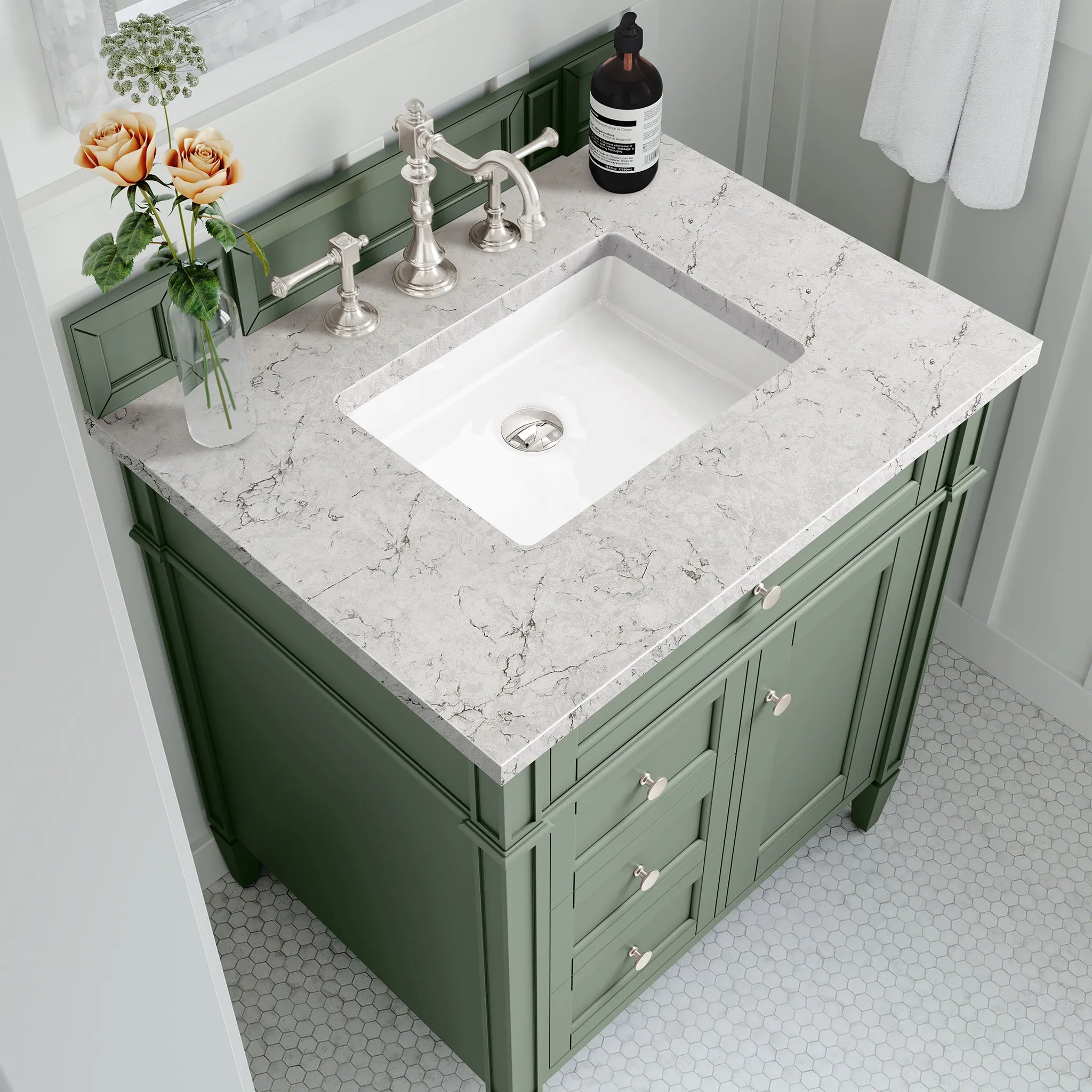 30" Brittany Single Vanity in Smokey Celadon-Eternal Jasmine Pearl Silestone-8" Widespread image 4