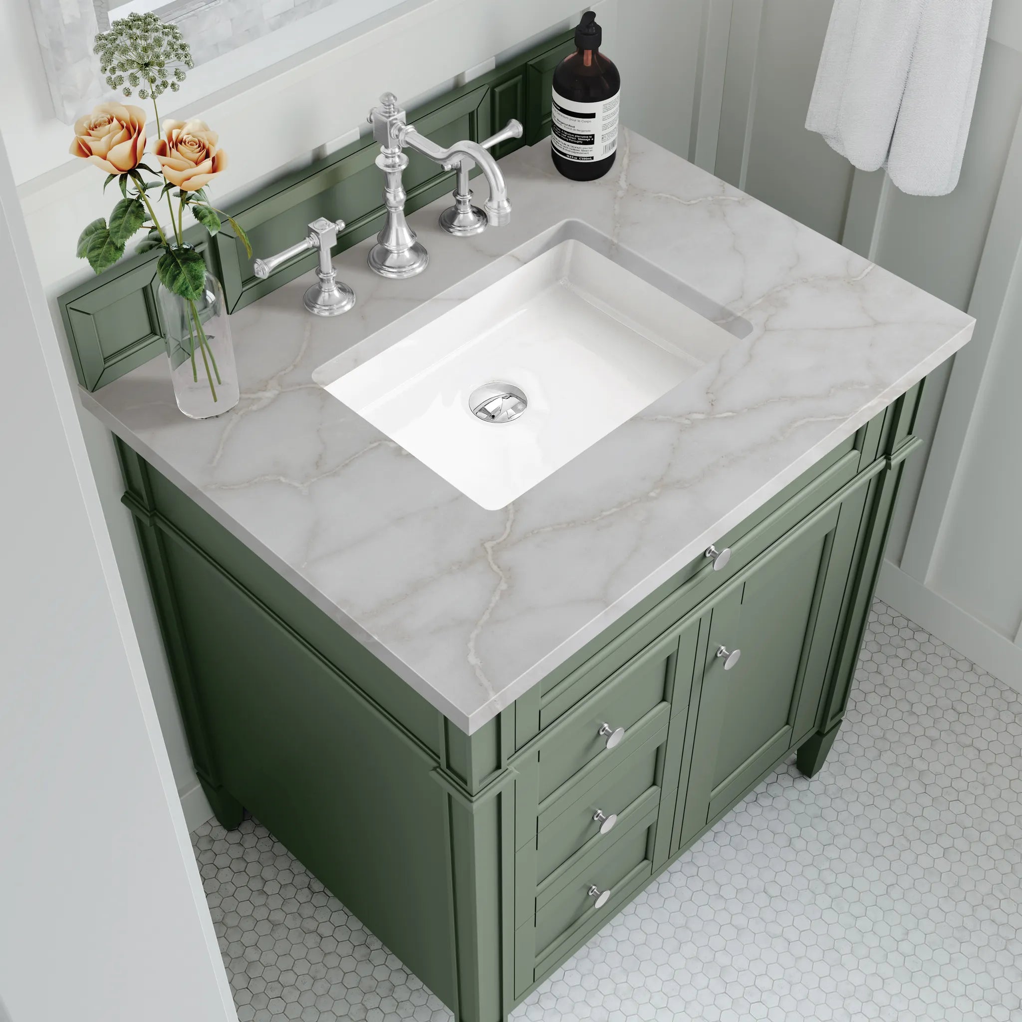 30" Brittany Single Vanity in Smokey Celadon-Victorian Silver Silestone-8" Widespread image 3