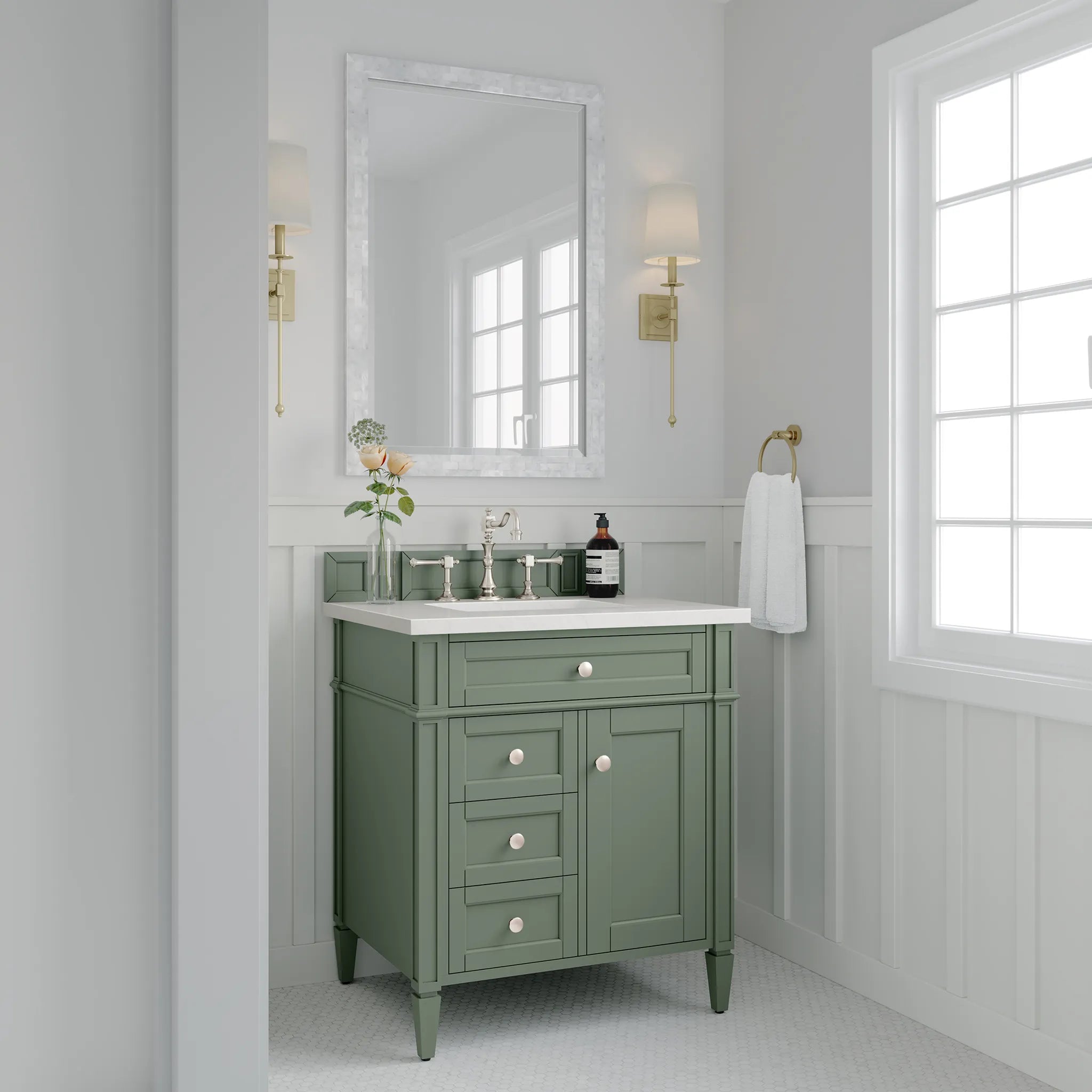30" Brittany Single Vanity in Smokey Celadon-White Zeus Silestone-8" Widespread image 3