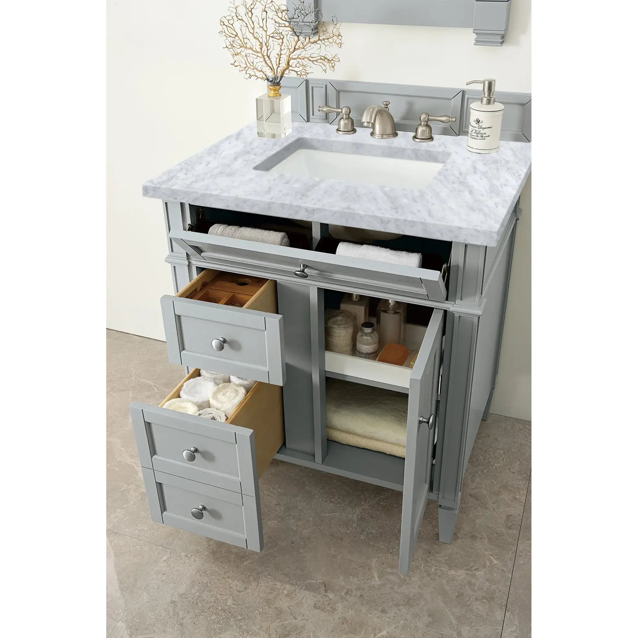 30" Brittany Single Vanity in Urban Gray-Carrara White Marble-8" Widespread image 3