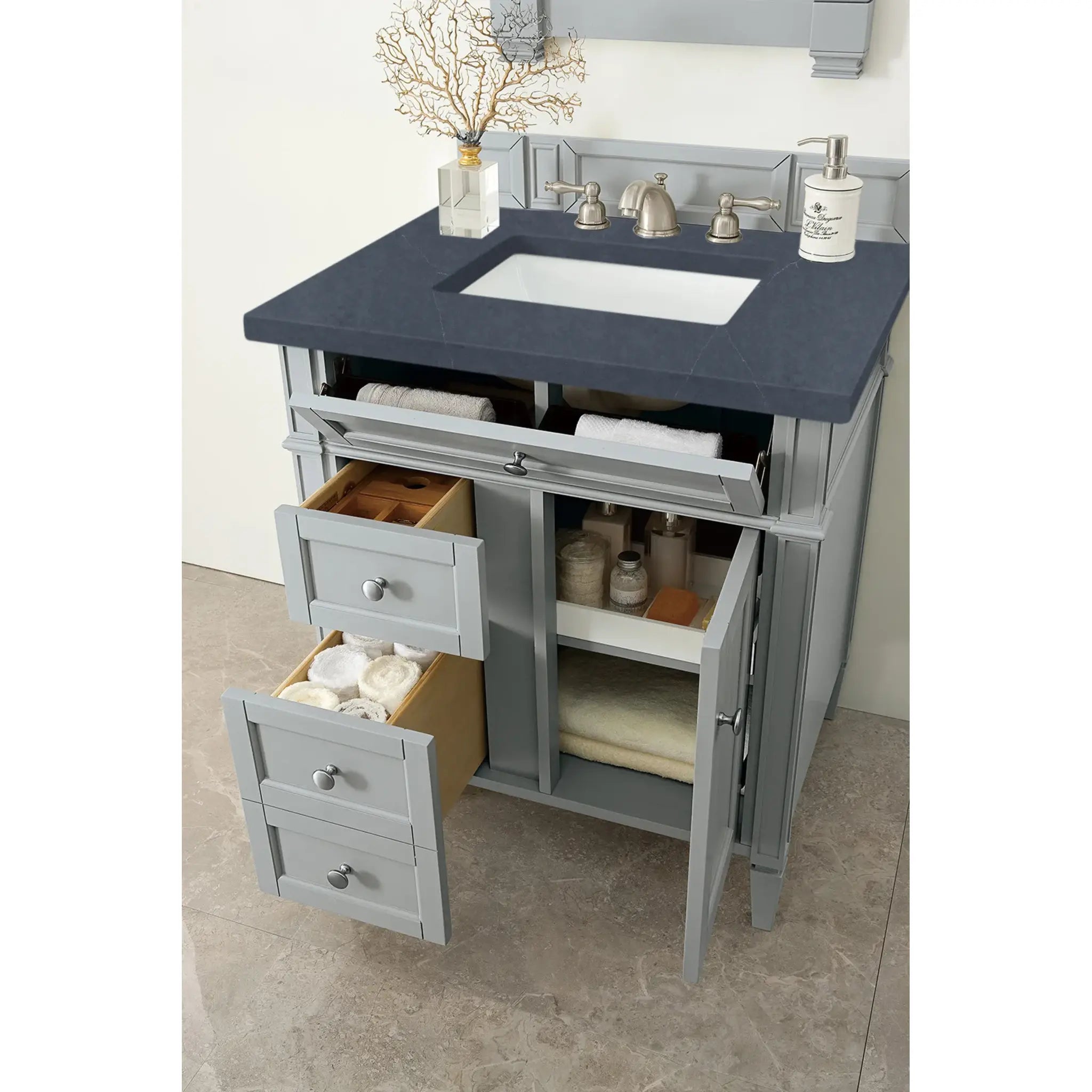 30" Brittany Single Vanity in Urban Gray-Charcoal Soapstone Silestone-8" Widespread image 3