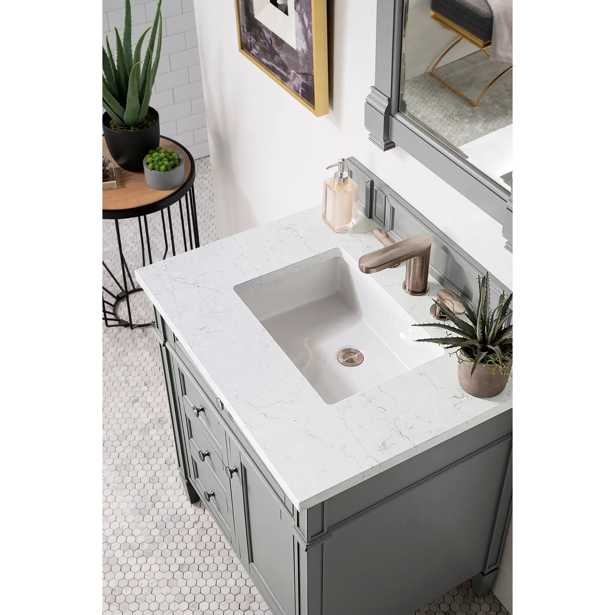 30" Brittany Single Vanity in Urban Gray-Eternal Jasmine Pearl Silestone-8" Widespread image 2
