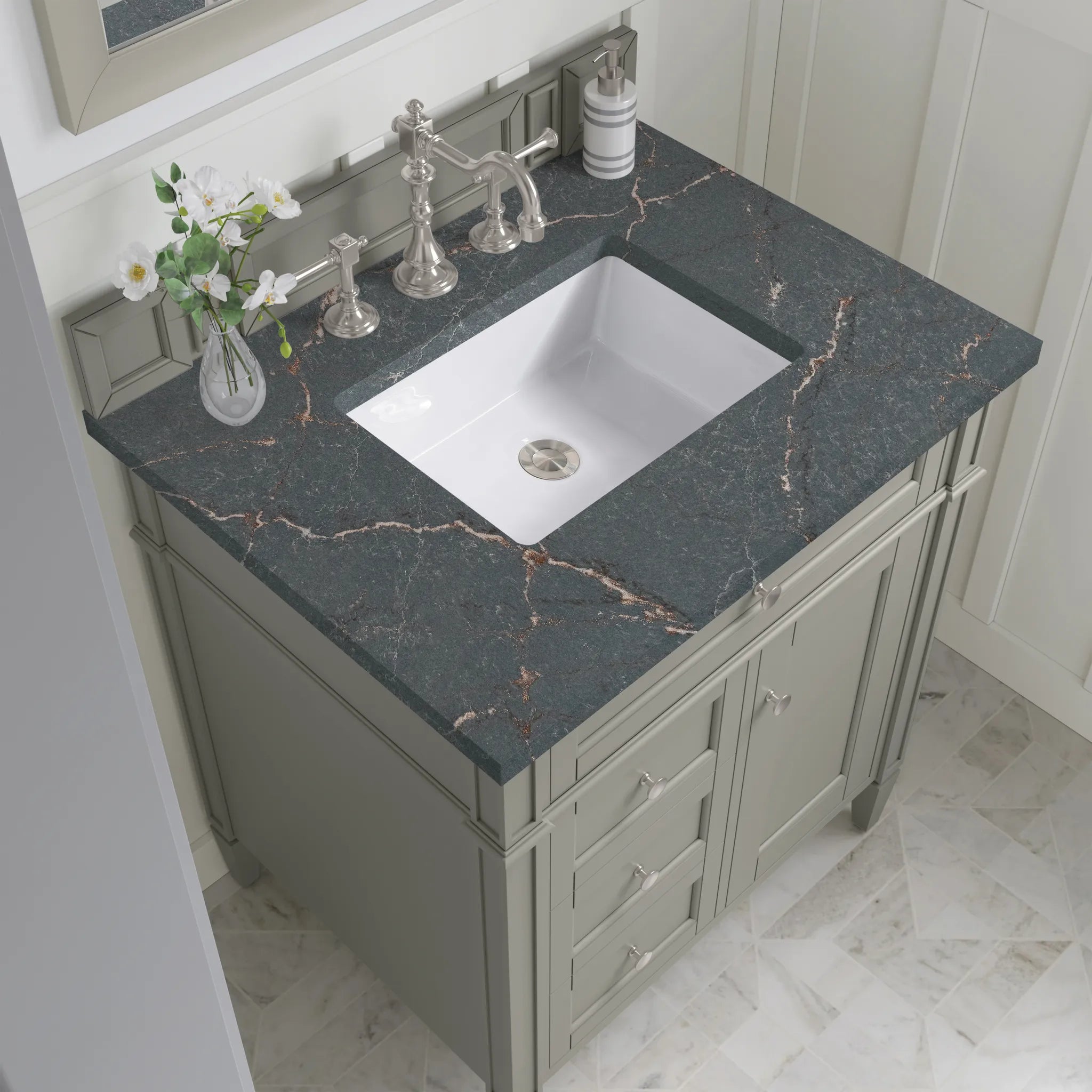 30" Brittany Single Vanity in Urban Gray-Parisien Bleu Silestone-8" Widespread image 4