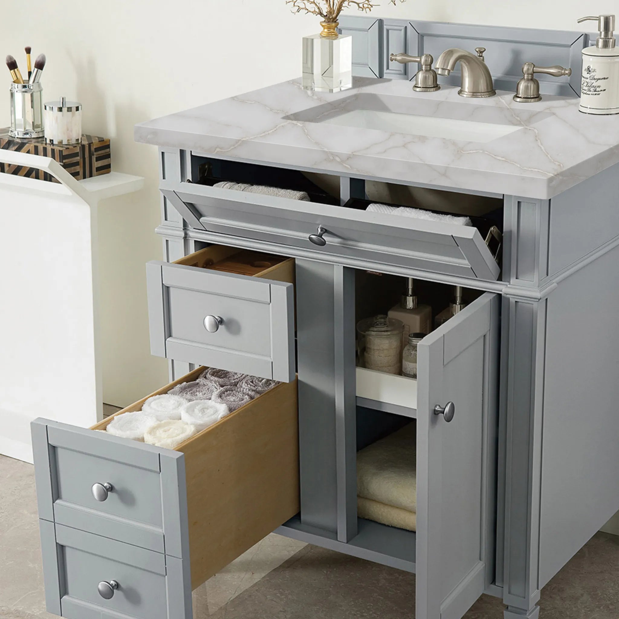 30" Brittany Single Vanity in Urban Gray-Victorian Silver Silestone-8" Widespread image 3