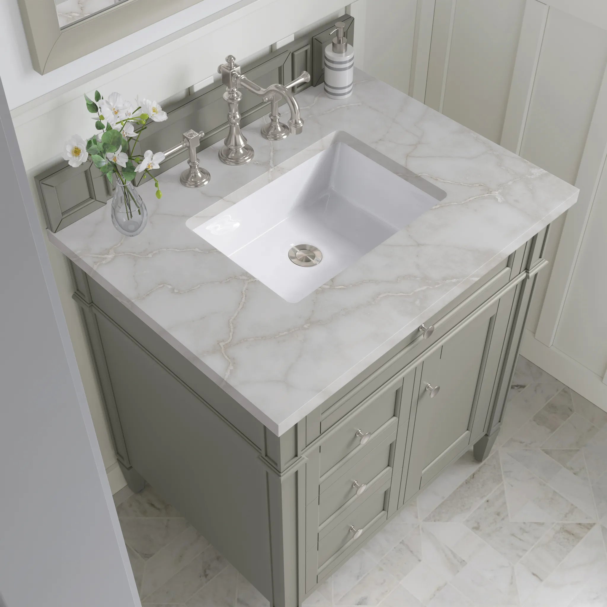 30" Brittany Single Vanity in Urban Gray-Victorian Silver Silestone-8" Widespread image 4