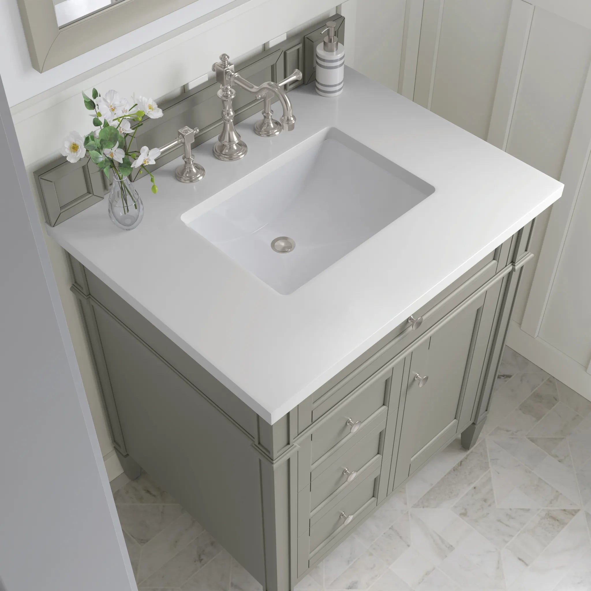 30" Brittany Single Vanity in Urban Gray-White Zeus Silestone-8" Widespread image 3