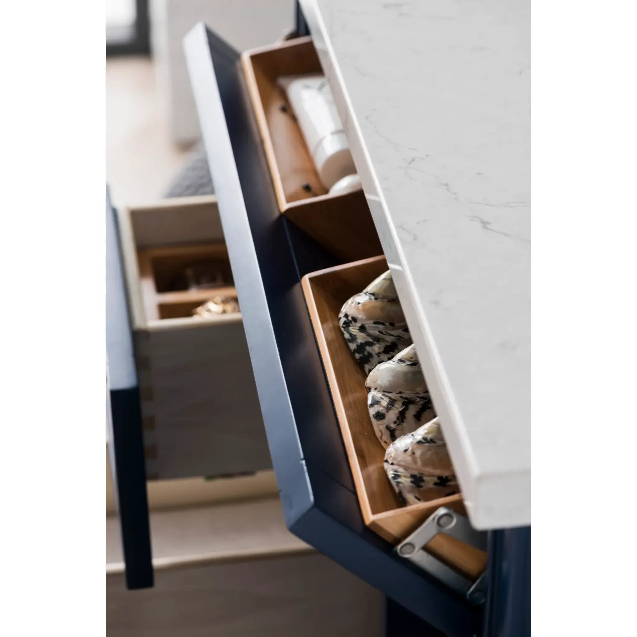 30" Brittany Single Vanity in Victory Blue-Eternal Jasmine Pearl Silestone-8" Widespread image 5