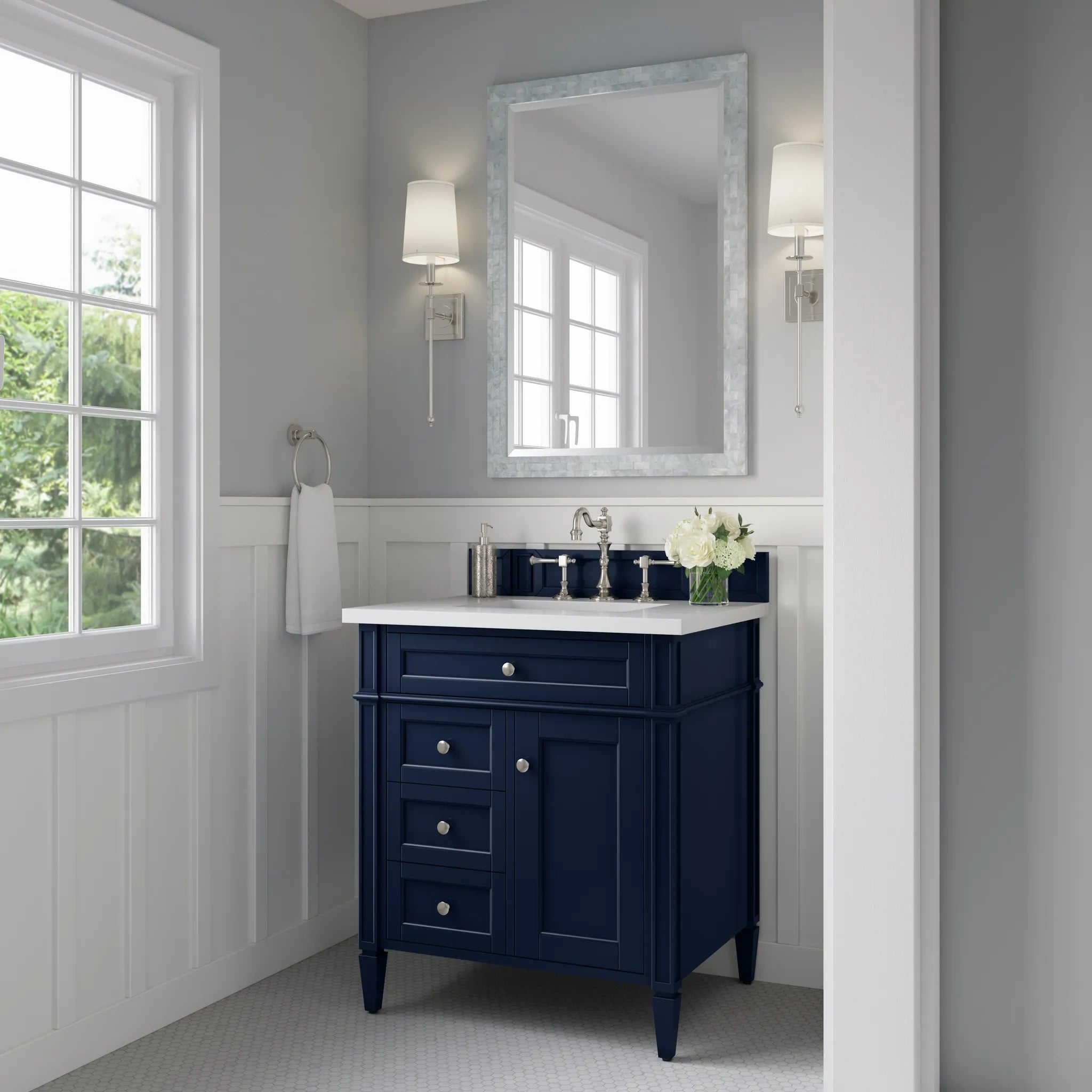 30" Brittany Single Vanity in Victory Blue-White Zeus Silestone-8" Widespread image 1