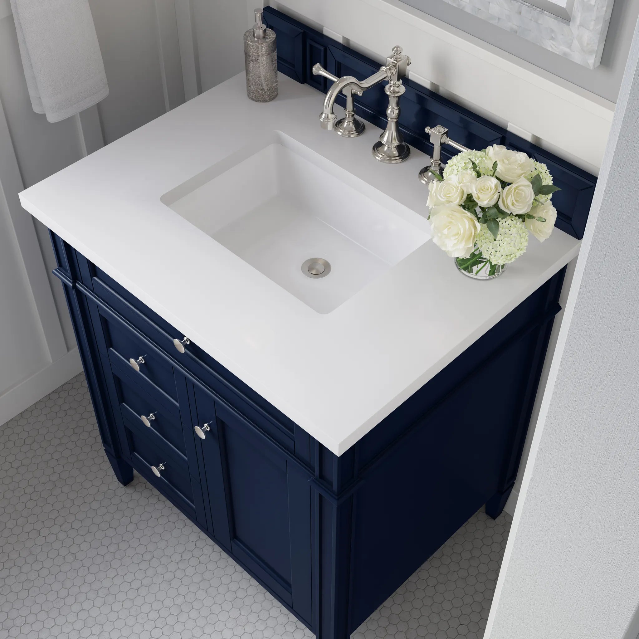 30" Brittany Single Vanity in Victory Blue-White Zeus Silestone-8" Widespread image 3