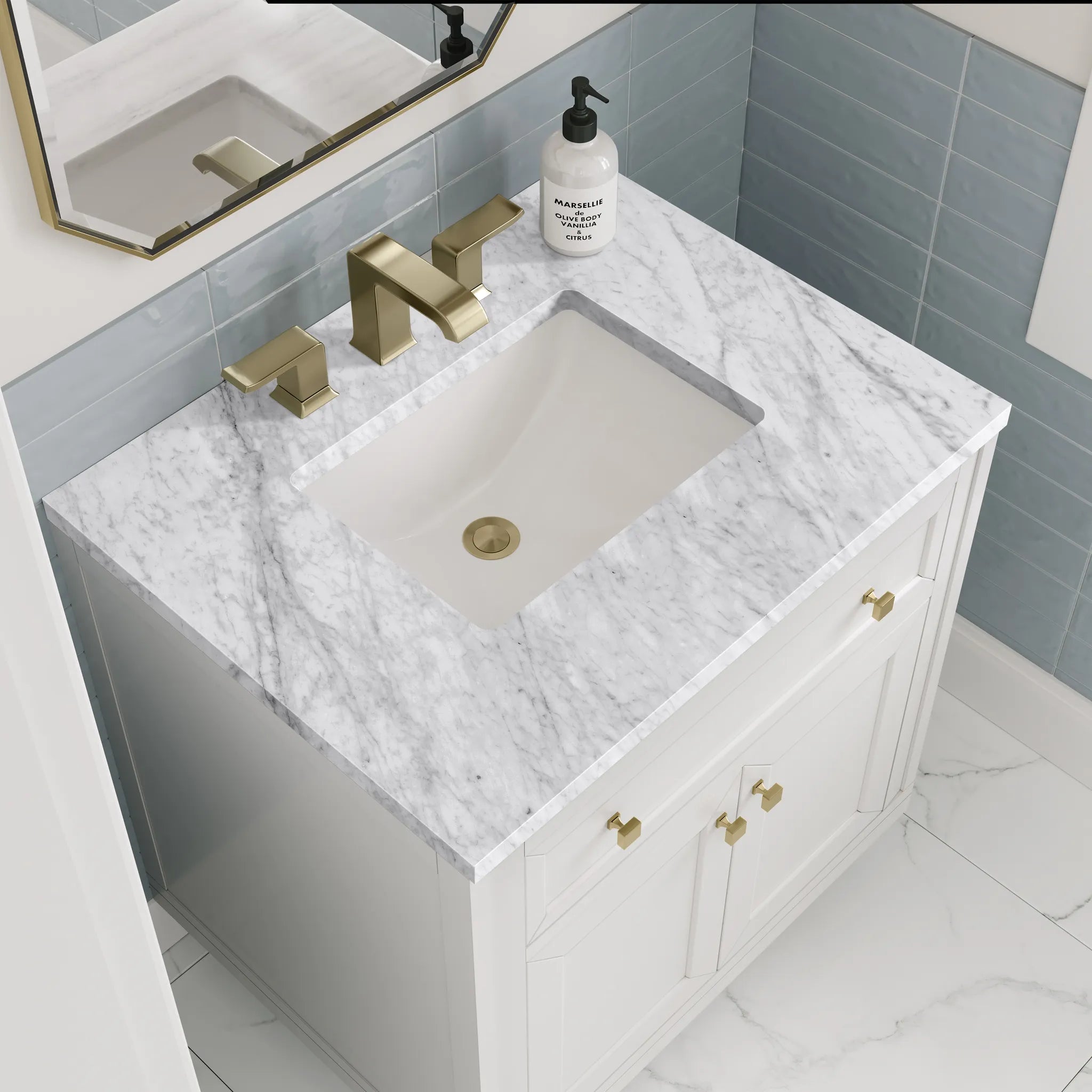 30" Chicago Single Vanity in Glossy White-Carrara White Marble-8" Widespread image 7