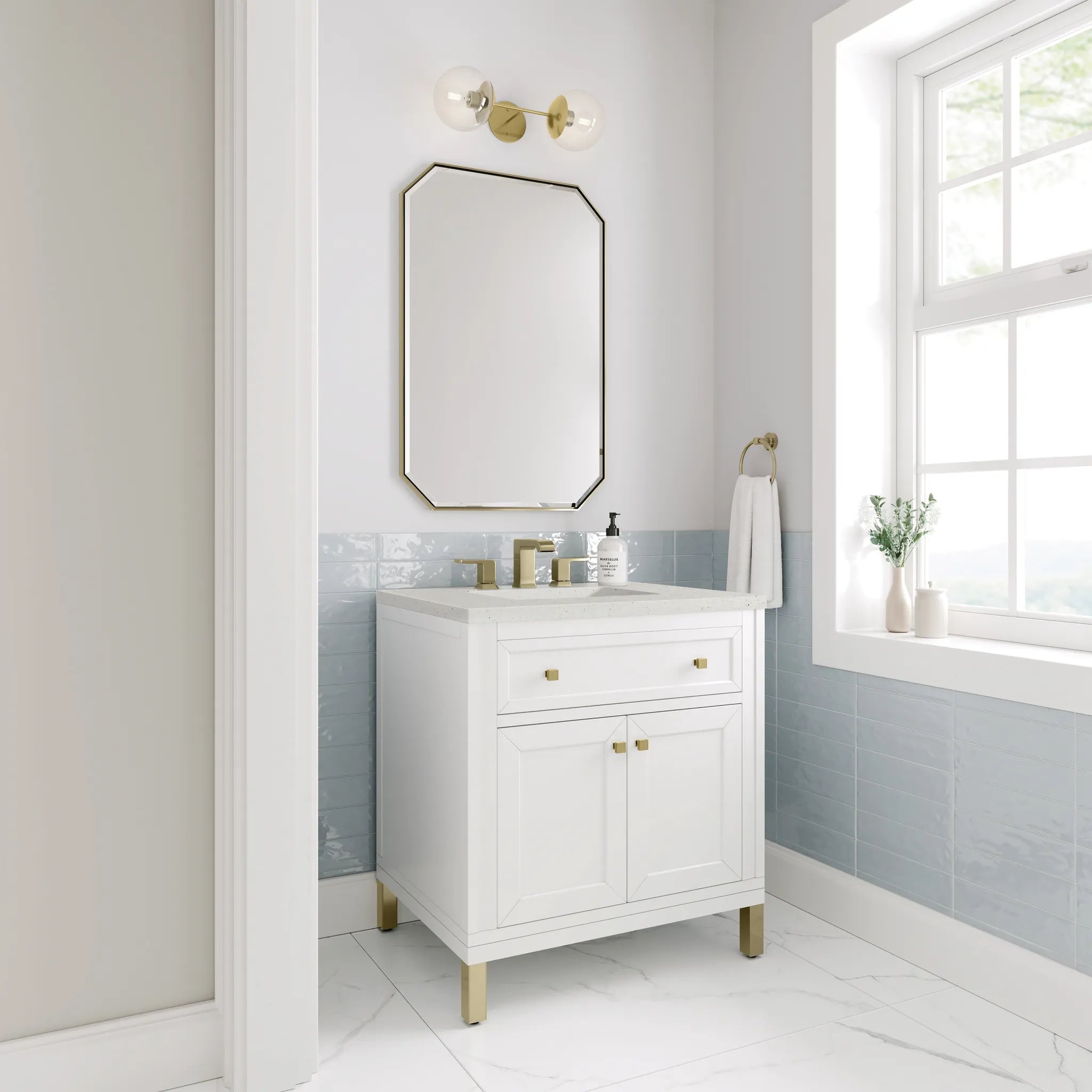 30" Chicago Single Vanity in Glossy White-Lime Delight Silestone-8" Widespread image 4