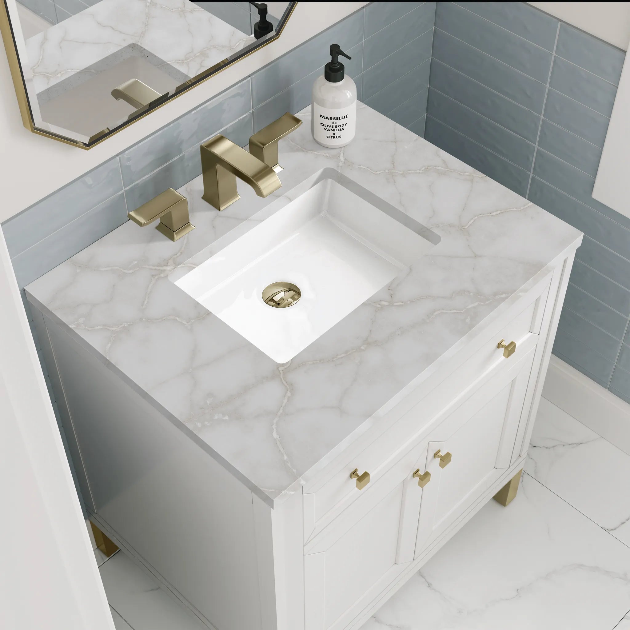 30" Chicago Single Vanity in Glossy White-Victorian Silver Silestone-8" Widespread image 7