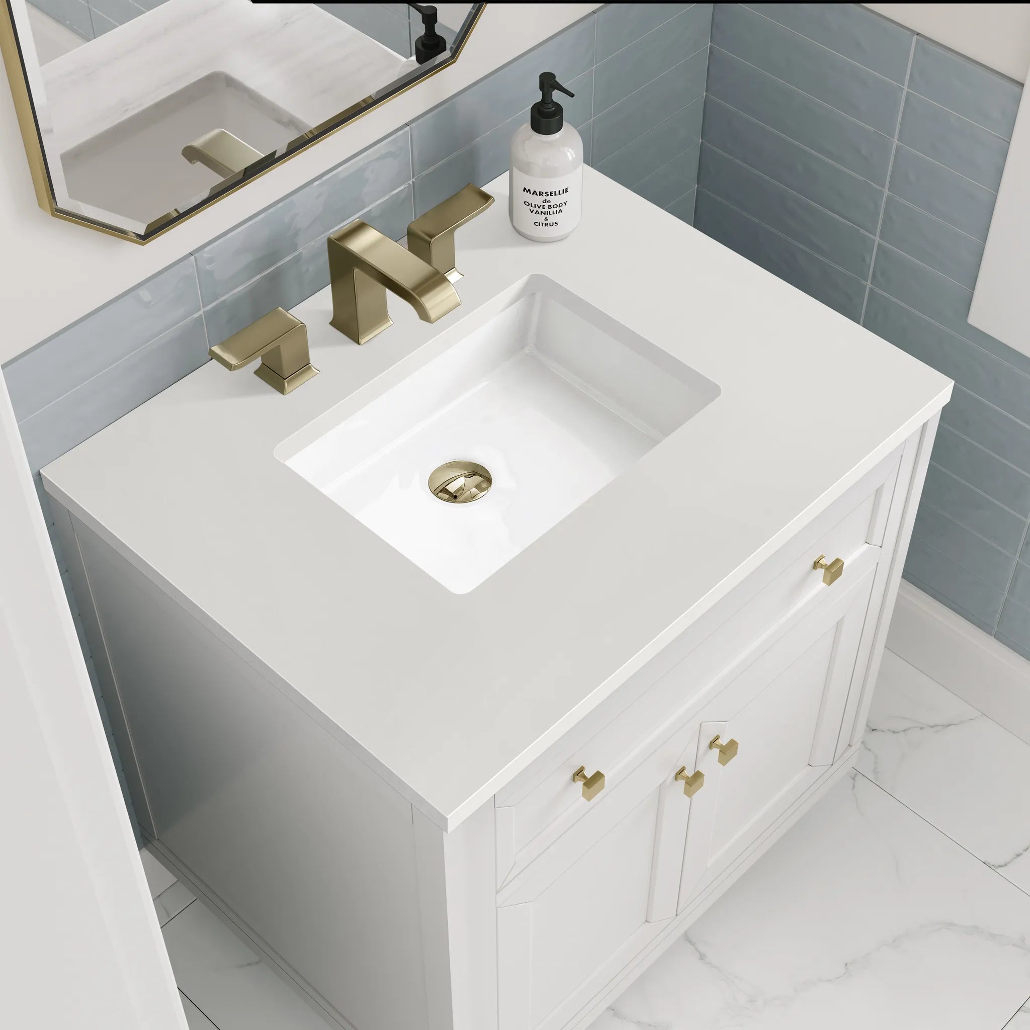 30" Chicago Single Vanity in Glossy White-White Zeus Silestone-8" Widespread image 10