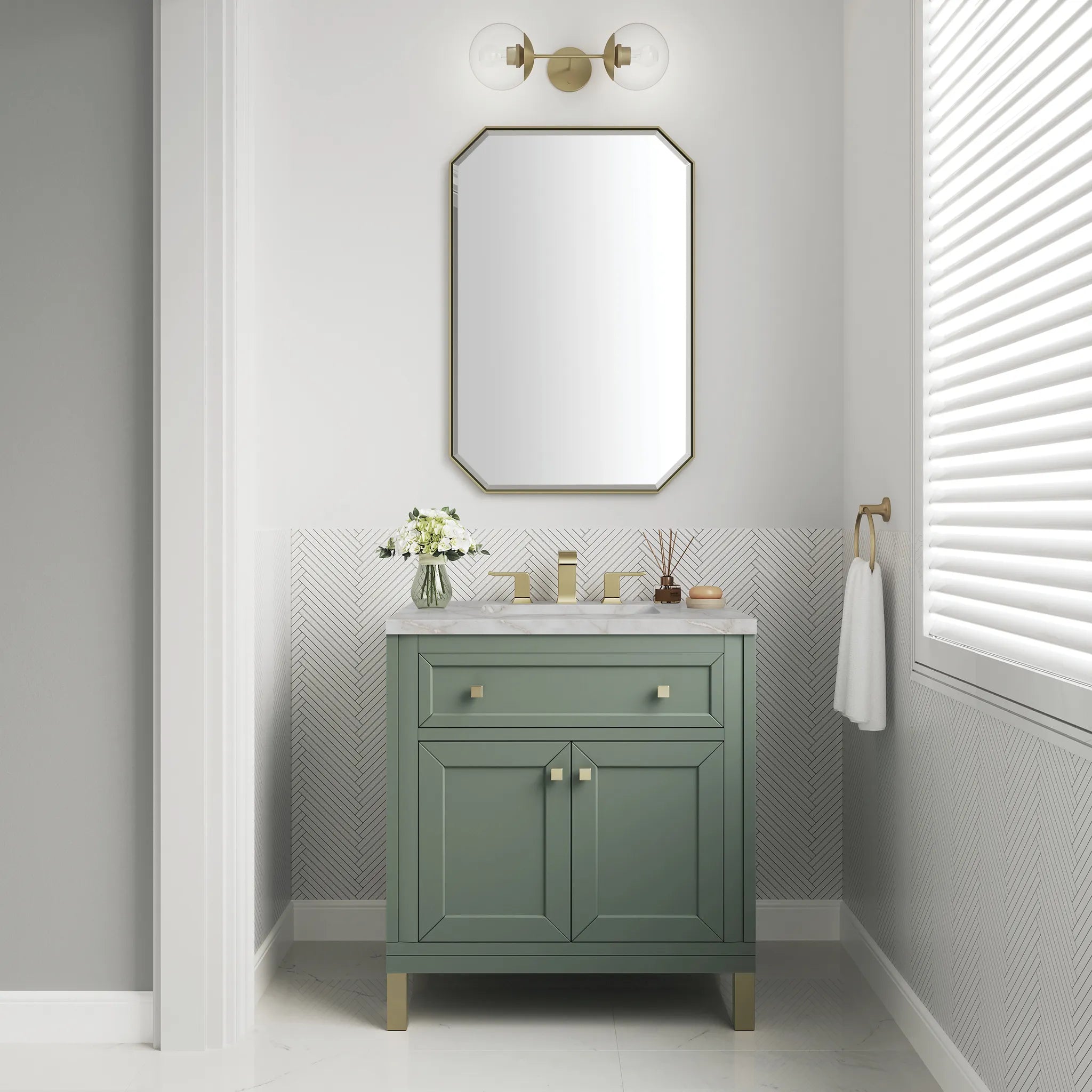 30" Chicago Single Vanity in Smokey Celadon-Victorian Silver Silestone-8" Widespread image 3