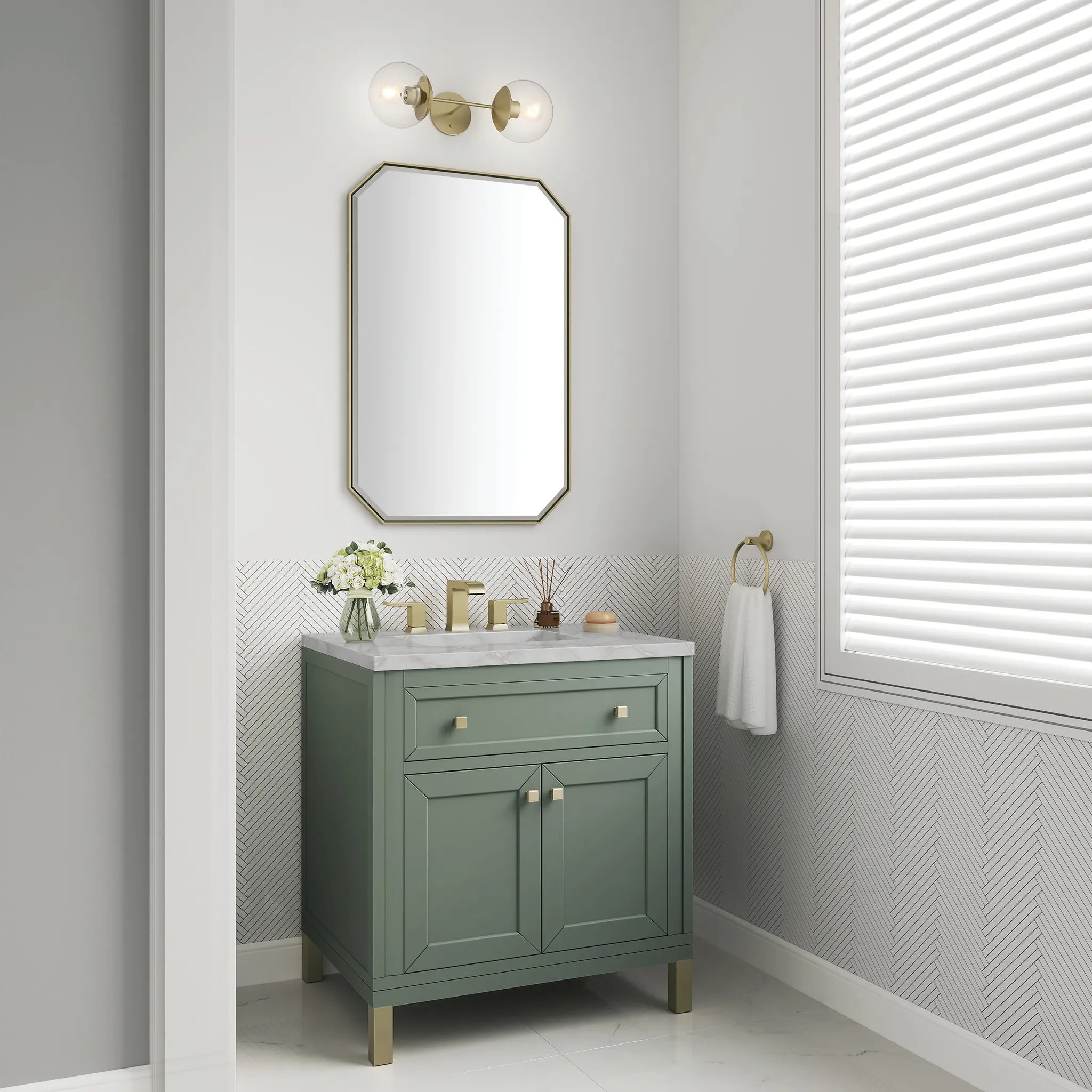 30" Chicago Single Vanity in Smokey Celadon-Victorian Silver Silestone-8" Widespread image 4