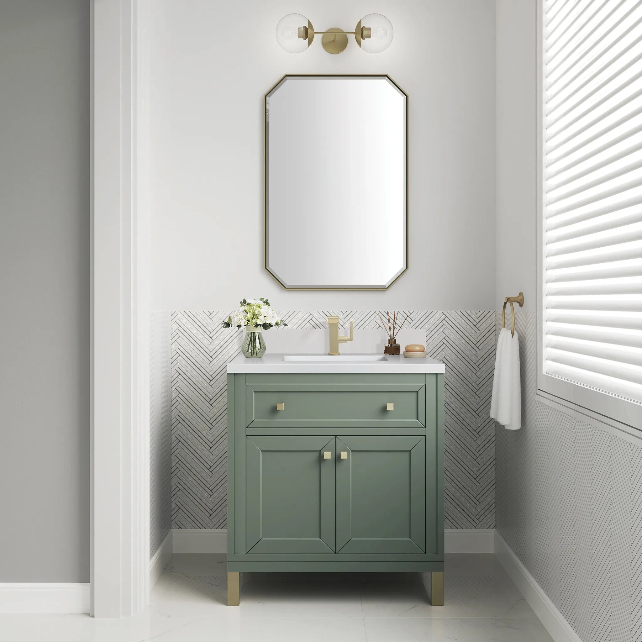 30" Chicago Single Vanity in Smokey Celadon-White Zeus Silestone & Backsplash-Single Hole image 3