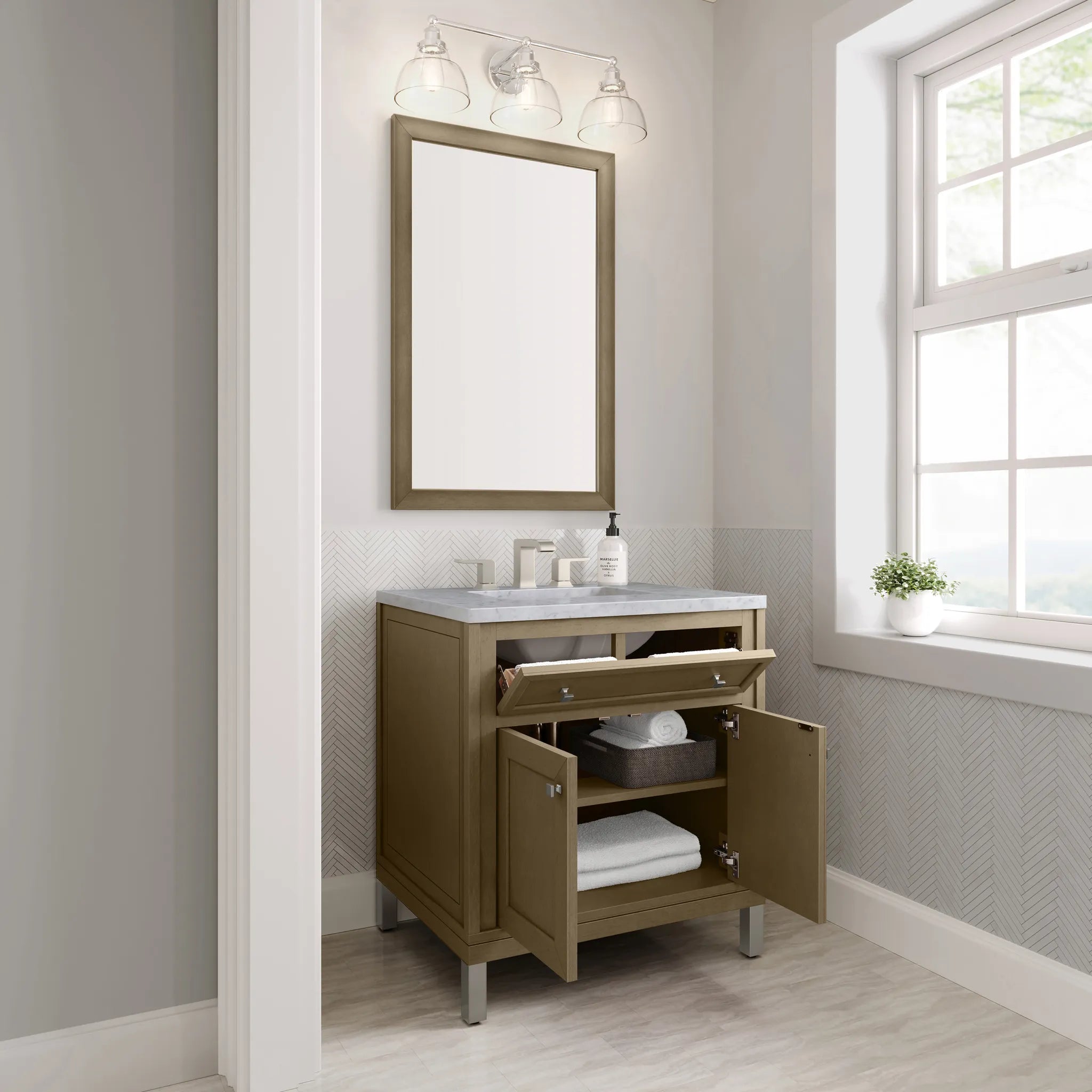 30" Chicago Single Vanity in Walnut Whisper-Carrara White Marble-8" Widespread image 10