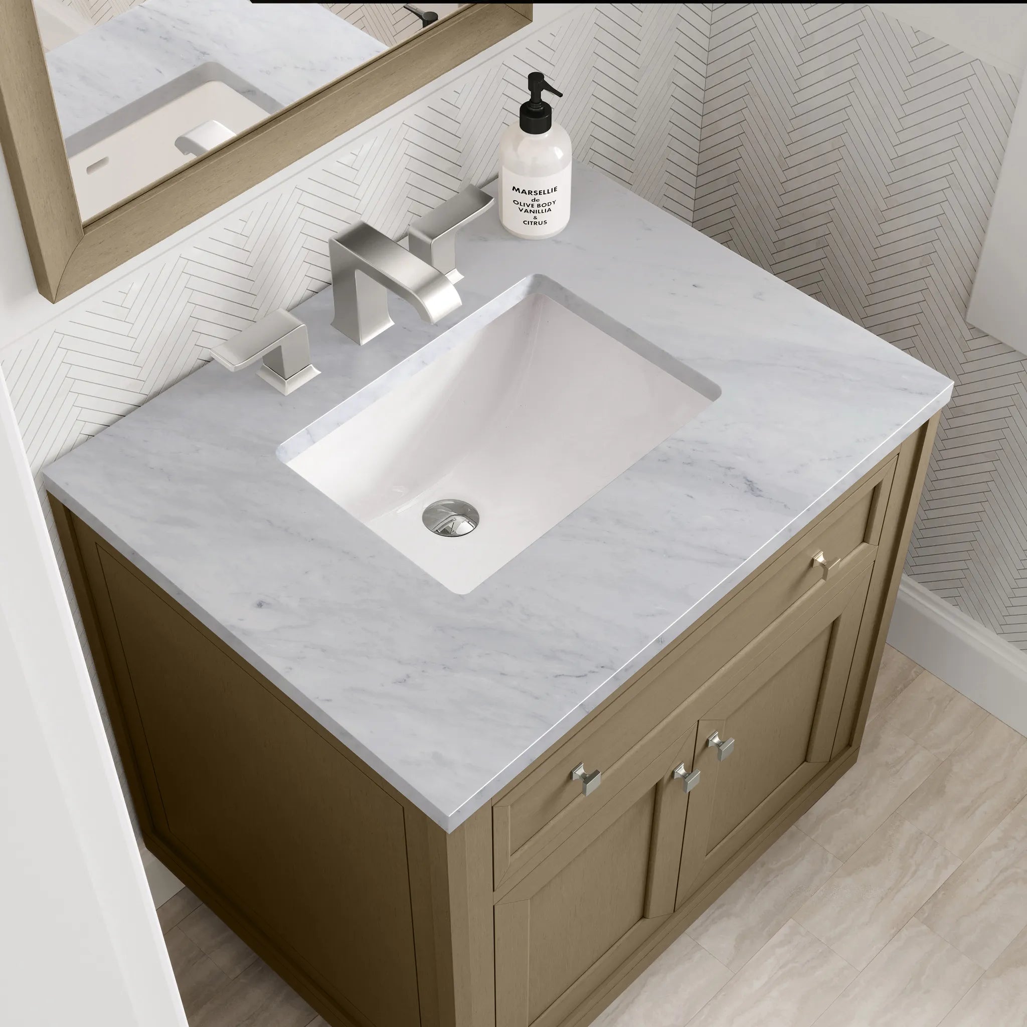30" Chicago Single Vanity in Walnut Whisper-Carrara White Marble-8" Widespread image 14